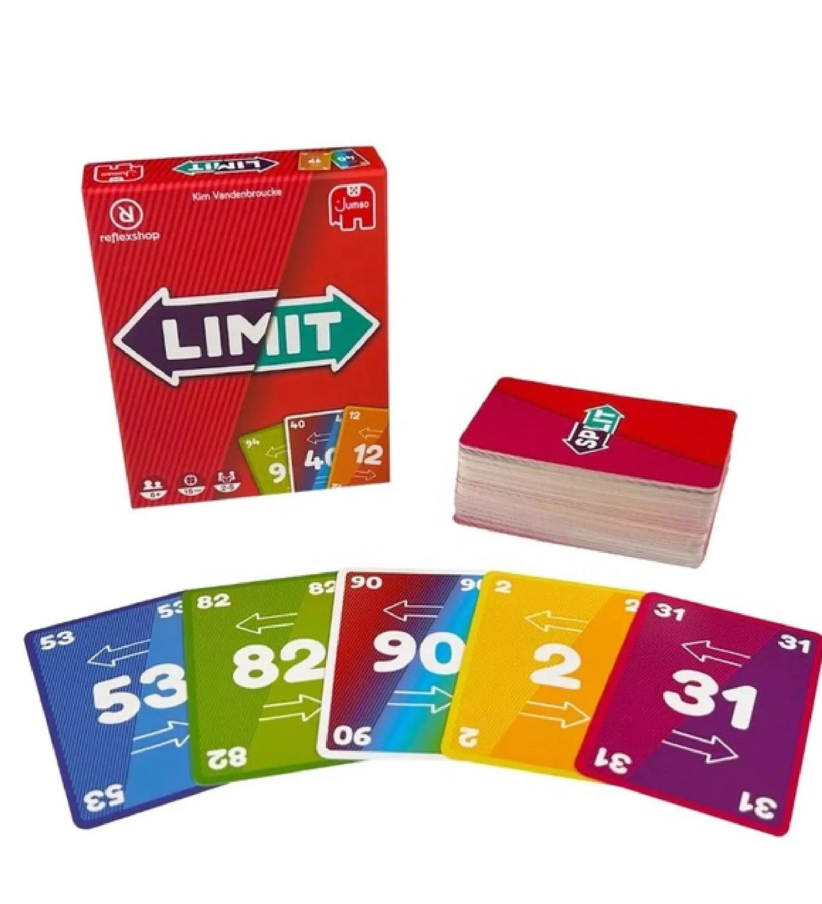 A LIMIT kártyajáték doboza kiterített paklival és színes, számozott játékkártyákkal a doboz előtt.