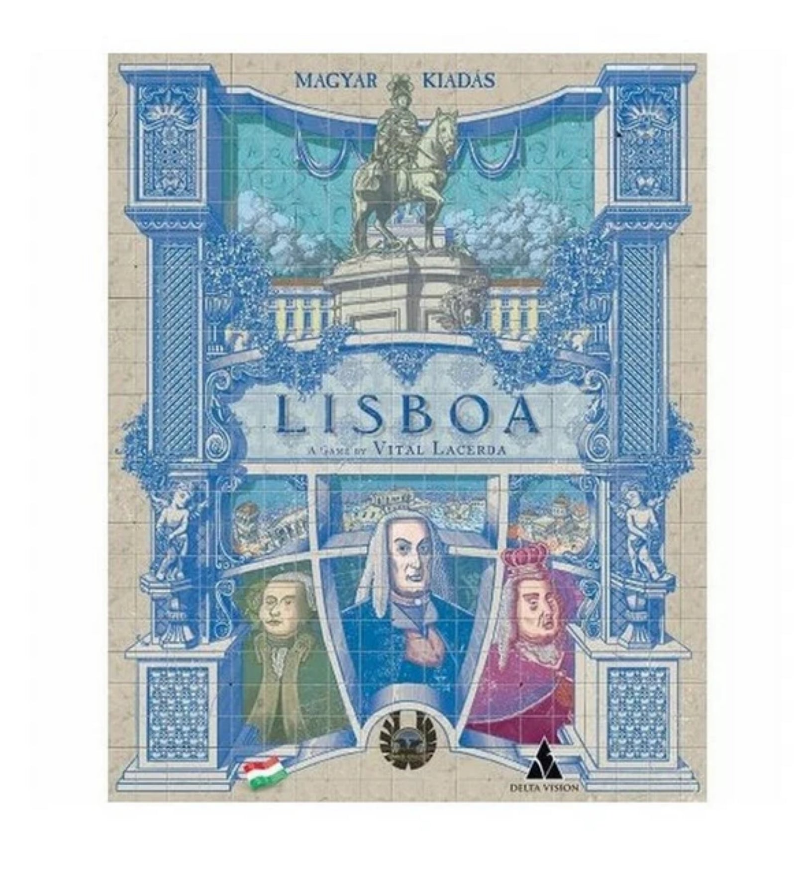 A Lisboa társasjáték magyar kiadásának díszes dobozborítója, melynek grafikája klasszikus portugál csempékre emlékeztet, domináns kék és világos színekkel. A középpontban történelmi alakok portréi és egy lovasszobor látható, körülöttük pedig finom részletességű építészeti motívumok helyezkednek el.