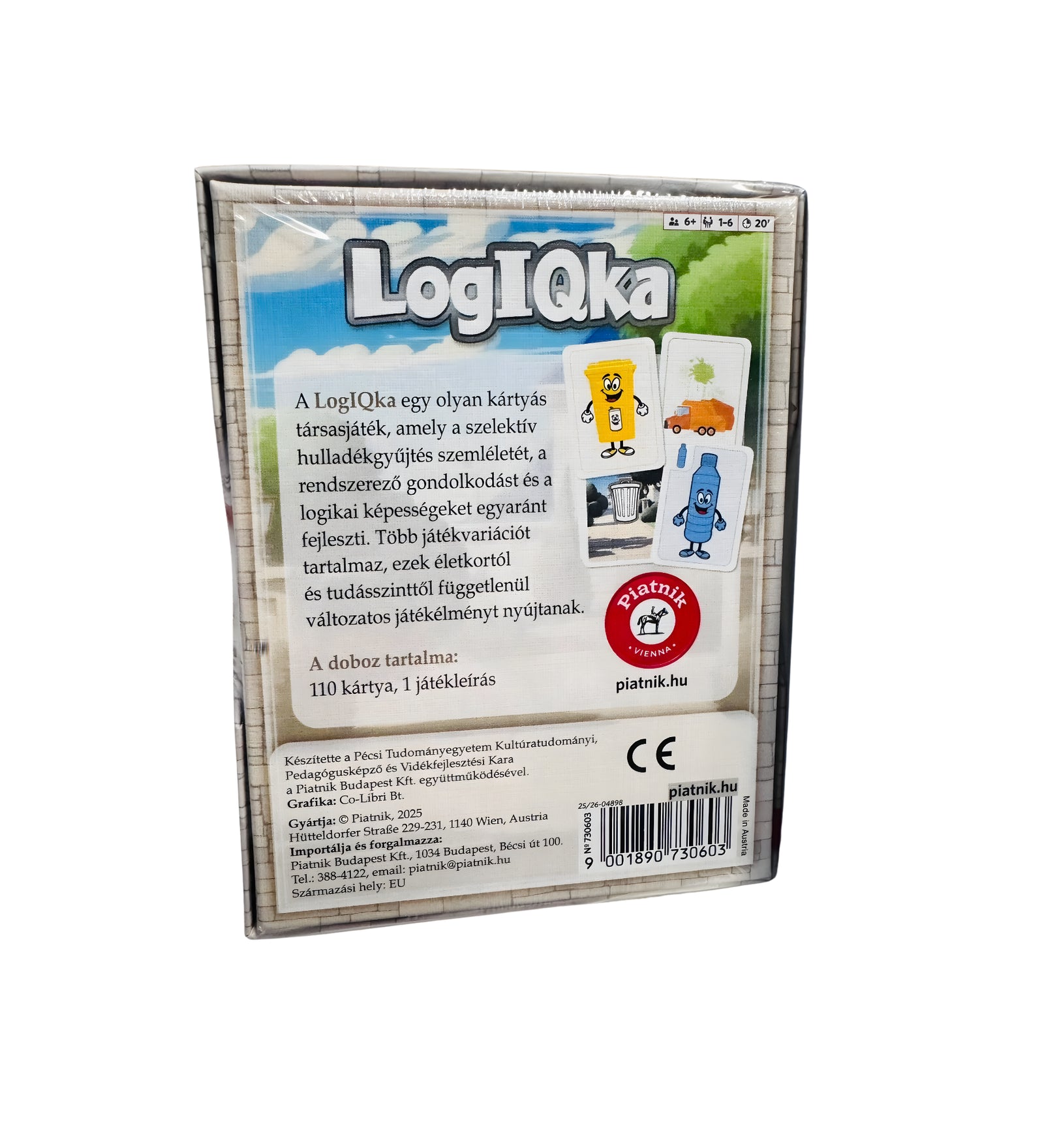 LogIQka társasjáték doboz hátoldala, játékleírással, kártyapéldákkal és tartalmi információkkal.