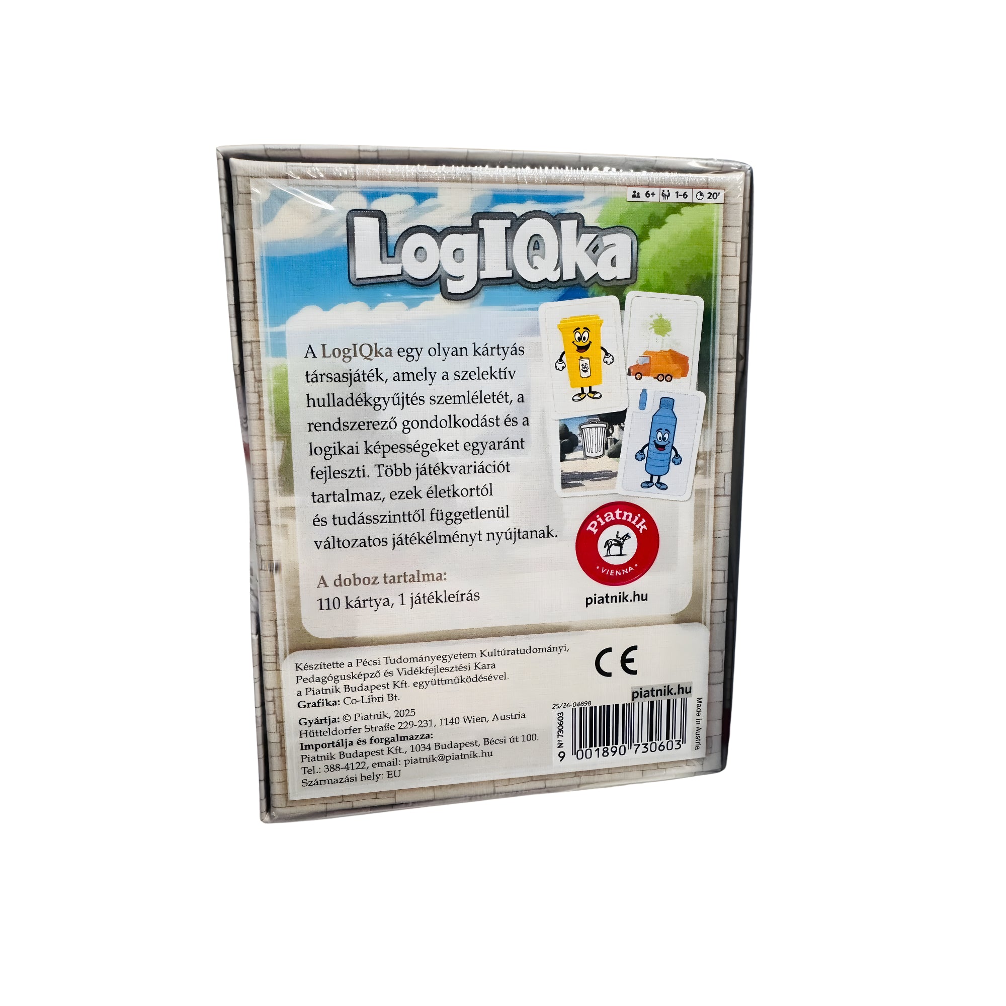 LogIQka társasjáték doboz hátoldala, játékleírással, kártyapéldákkal és tartalmi információkkal.
