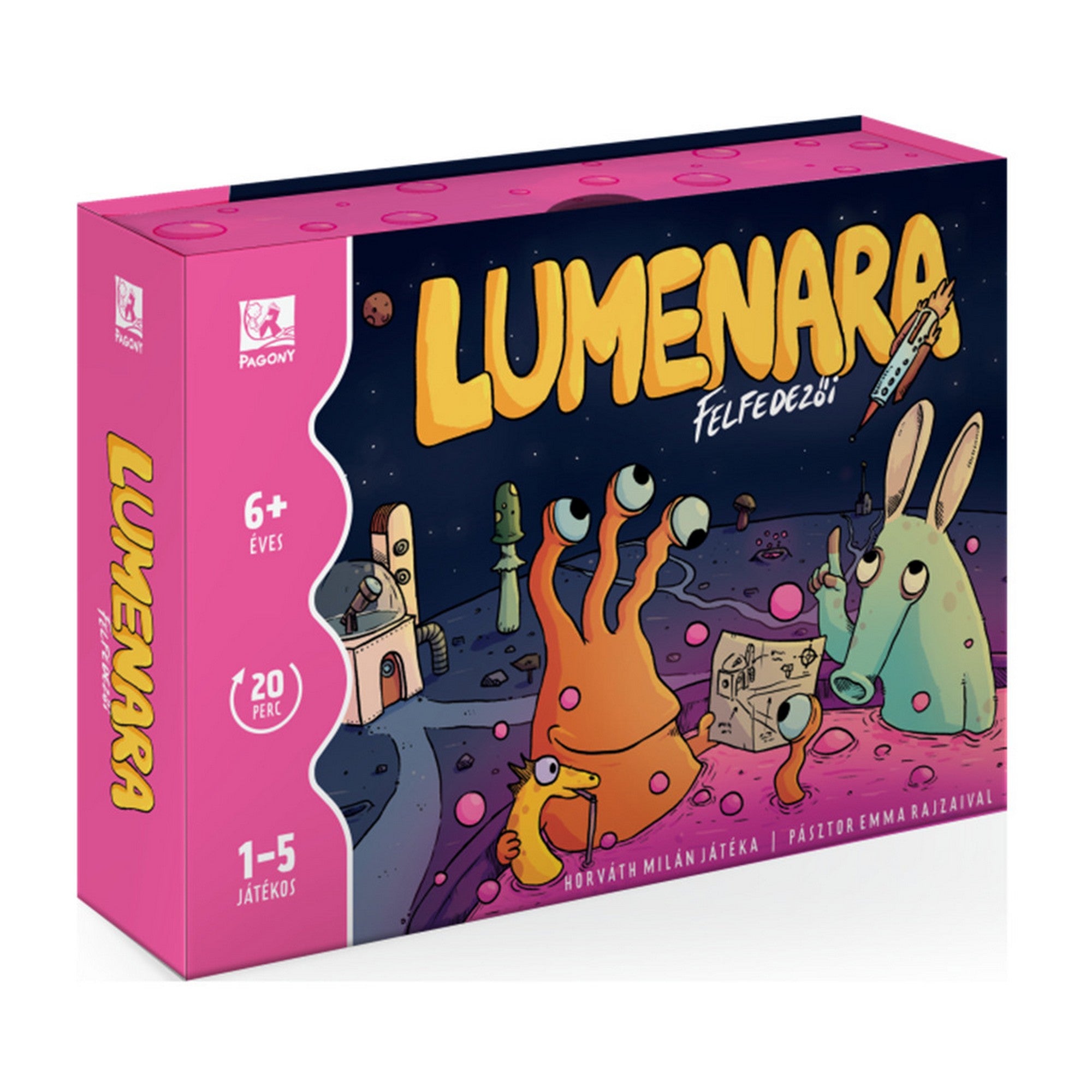 A Lumenara felfedezői társasjáték dobozának előlapja, rajta színes, kedves űrlényfigurákkal és a Pagony logóval, amely 6 éves kortól ajánlott, gyors, 20 perces családi játékot ígér.
