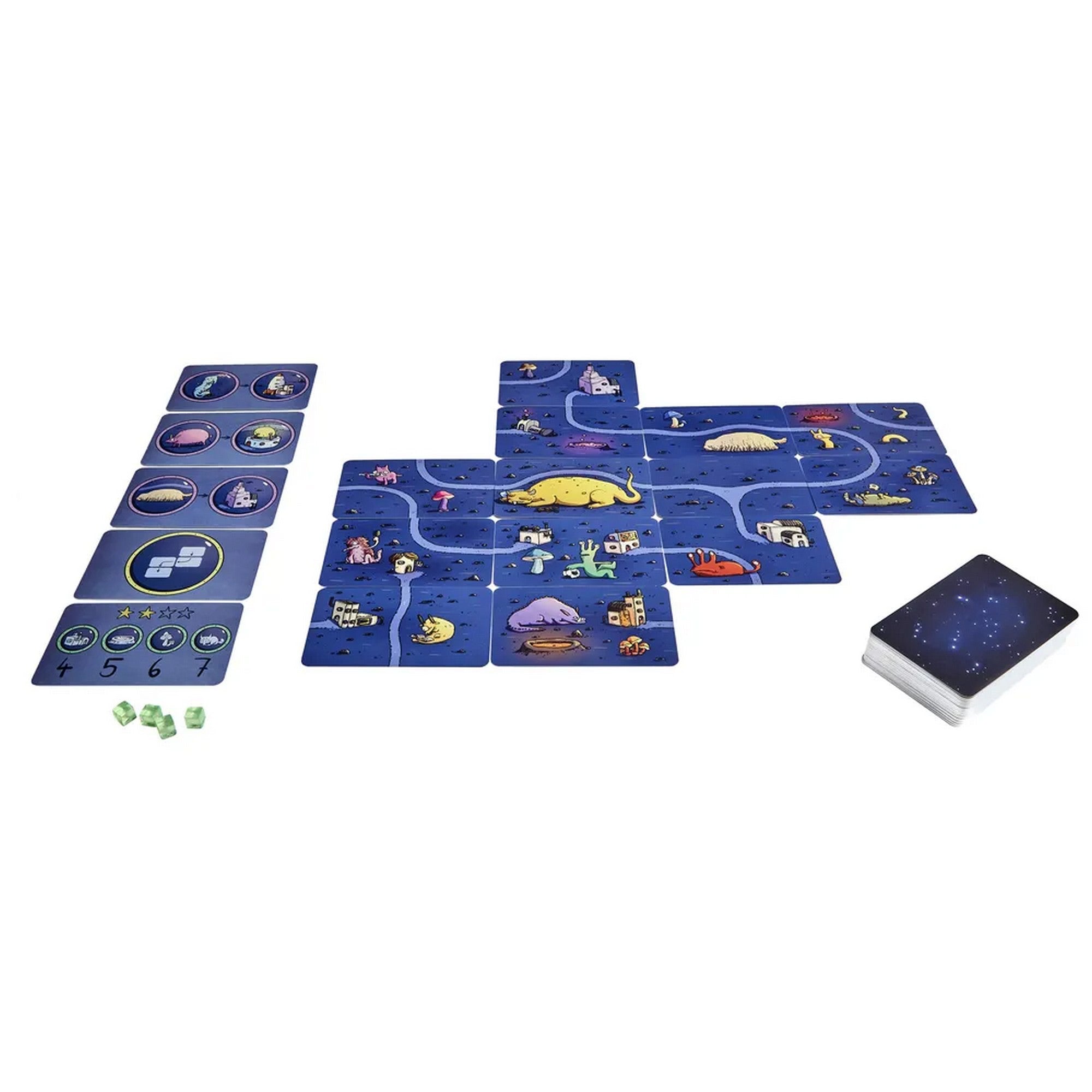 A Lumenara felfedezői társasjáték játékmenete közben látható játéktér, kék színű lapkákkal, űrlényekkel és útvonalakkal, valamint zöld kristály alakú pontjelölőkkel.