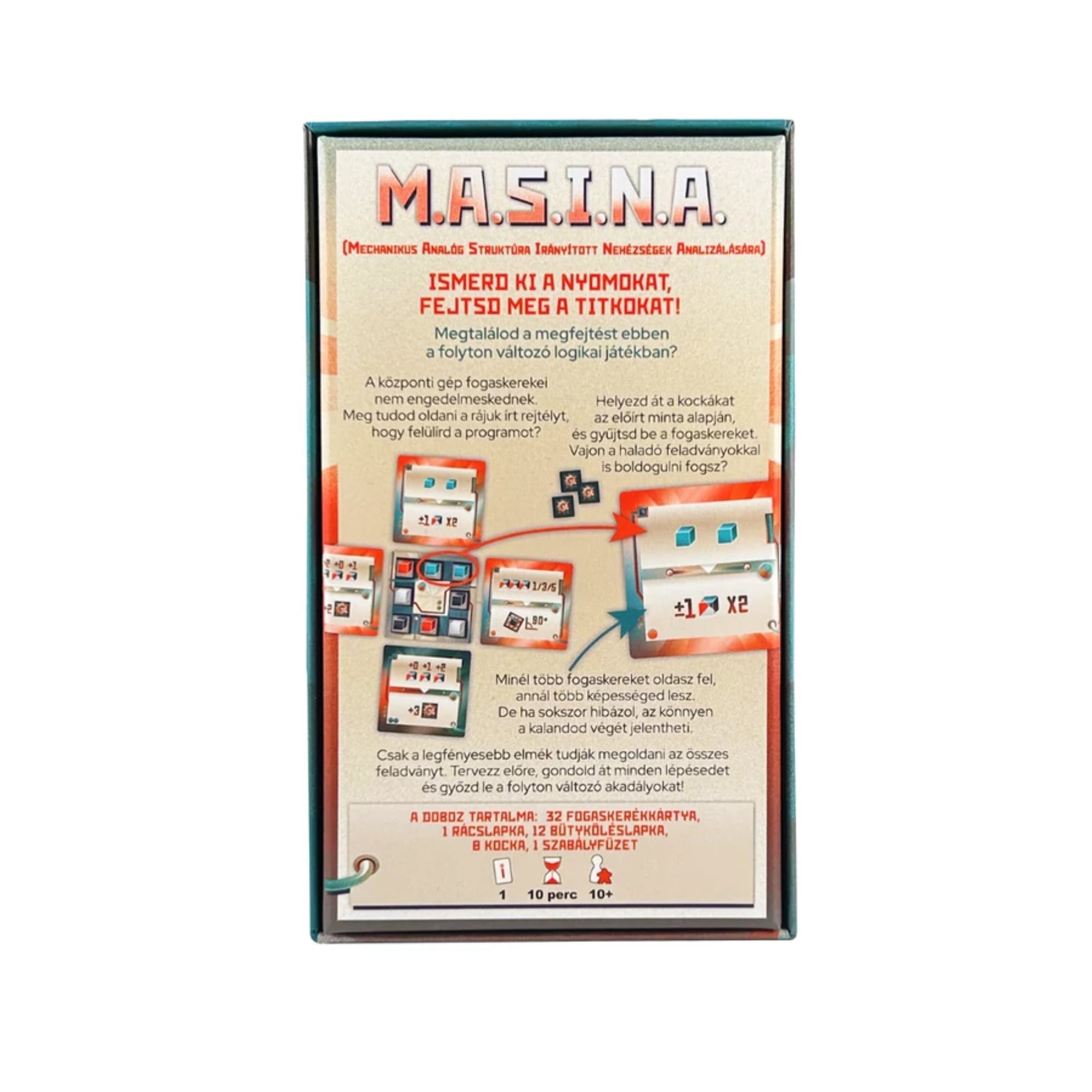 A M.A.S.I.N.A. doboz hátoldala, részletes ismertetővel a játékmenetről, illusztrációkkal a játékalkatrészekről, szabályokról és tartalomjegyzékről, magyar nyelven.