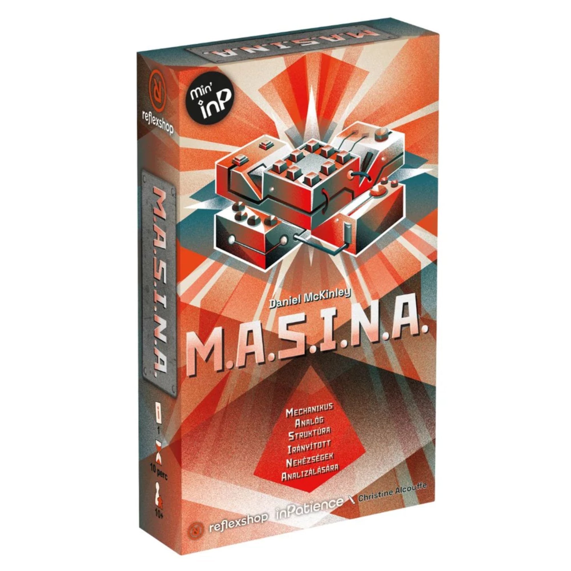 A M.A.S.I.N.A. társasjáték doboza szemből fotózva, dinamikus, gépalkatrészeket ábrázoló grafikai elemekkel és erőteljes piros-narancs színvilággal, középen a játék címe nagy betűkkel.