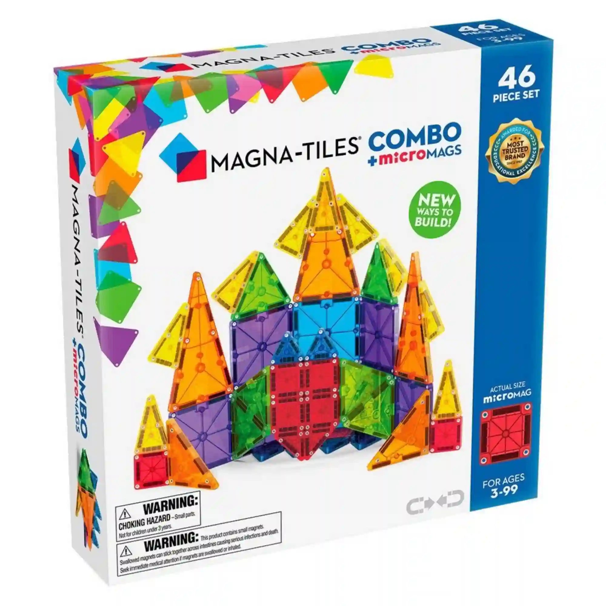 MAGNA-TILES Combo microMAGS 46 darabos építőkészlet fehér-kék dobozának eleje, rajta színes mágneses lapokból épített kastéllyal.