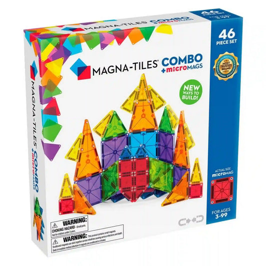 MAGNA-TILES Combo microMAGS 46 darabos építőkészlet fehér-kék dobozának eleje, rajta színes mágneses lapokból épített kastéllyal.