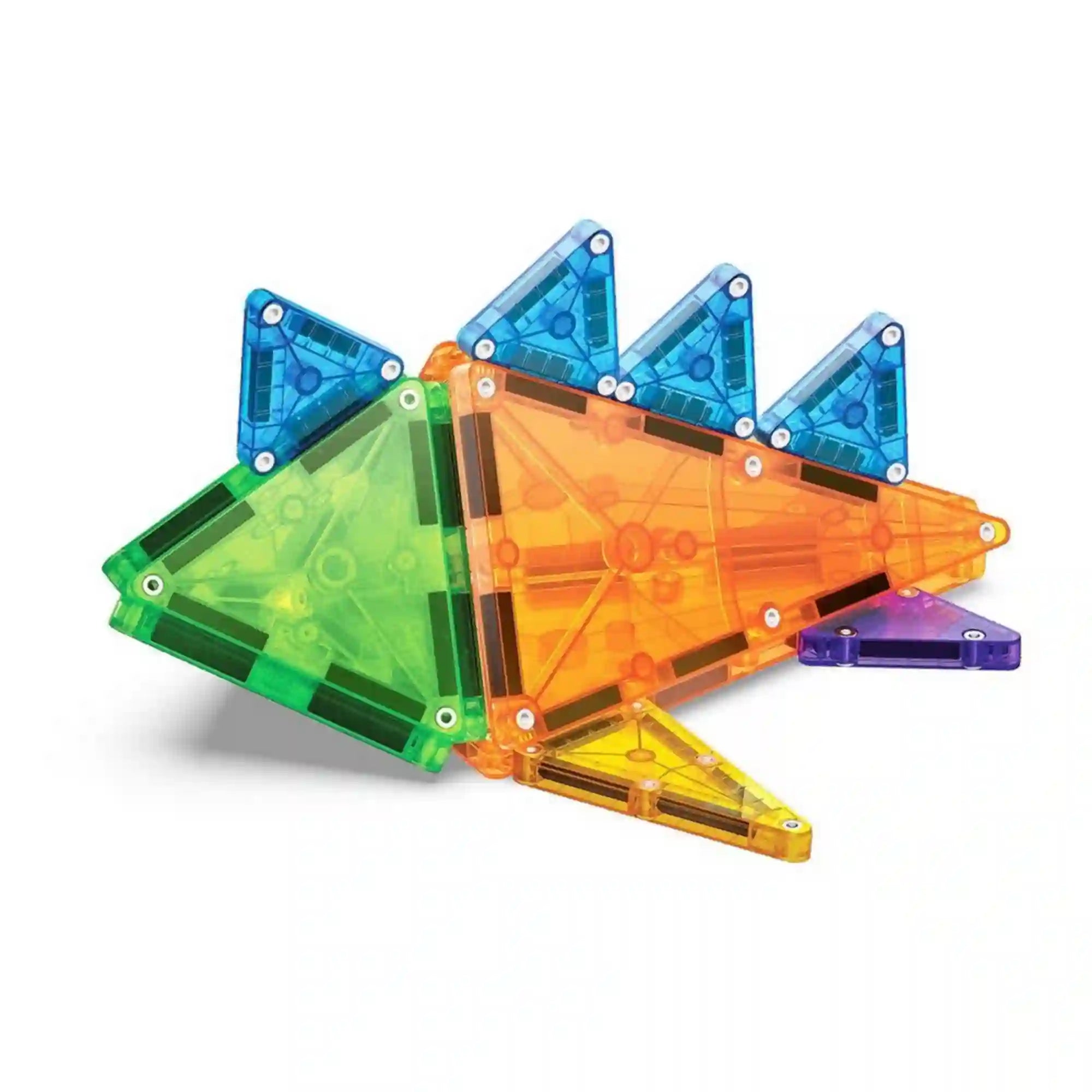 MAGNA-TILES Combo microMAGS 46 darabos építőkészlet zöld, narancssárga, kék, sárga és lila áttetsző mágneses lapjaiból összeállított, tüskés hátú dinoszaurusz.