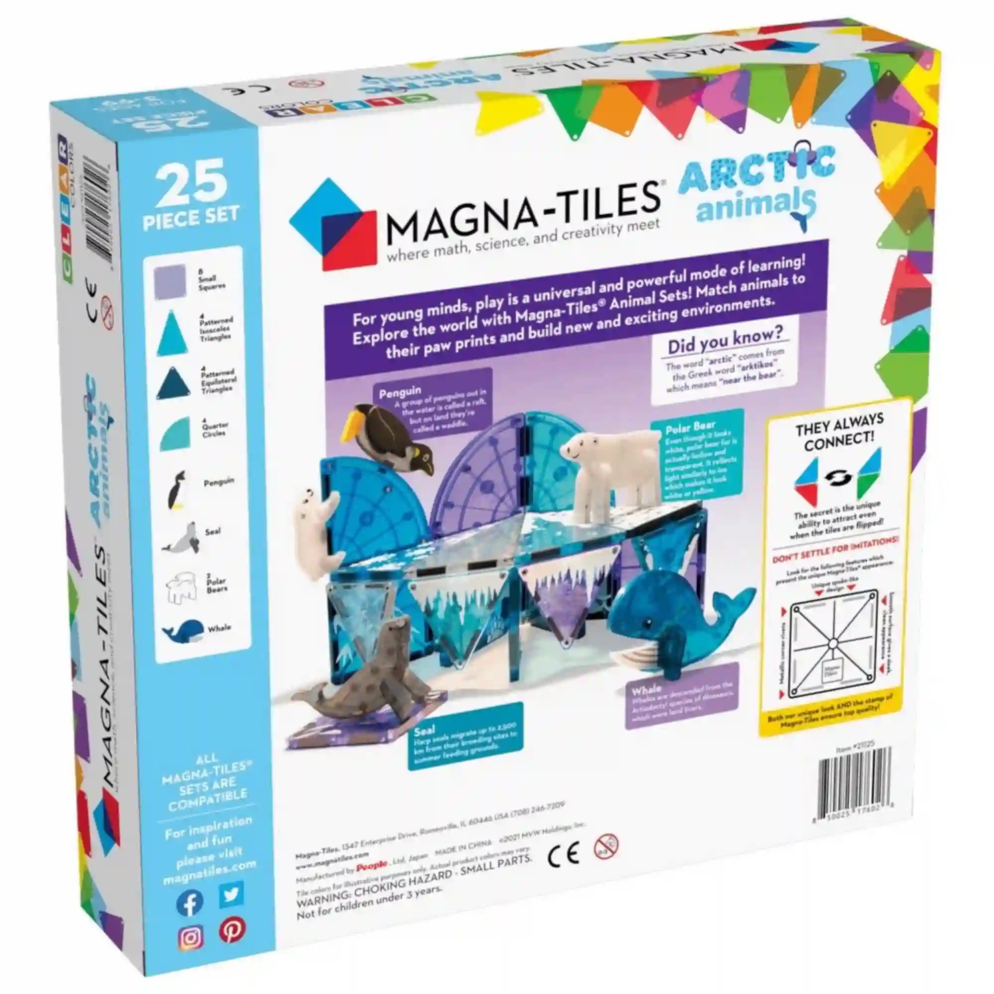 MAGNA-TILES Arctic Animals mágneses építőkészlet dobozának hátoldala, a készlet elemeivel és sarkvidéki állatfiguráival.