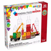 MAGNA-TILES Builder 32 darabos mágneses építőkészlet doboza, darukkal, építőjárművel és építkezési elemekkel.