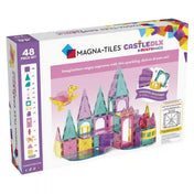 MAGNA-TILES Castle Deluxe 48 darabos építőkészlet dobozának hátoldala, a készlet elemeinek felsorolásával, kastélyépítménnyel, csigalépcsővel és sárkányfigurával.
