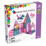 MAGNA-TILES Castle 25 darabos mágneses építőkészlet doboza, rajta színes, áttetsző kastéllyal, sárkányfigurával és csillogó mágneses lapokkal.