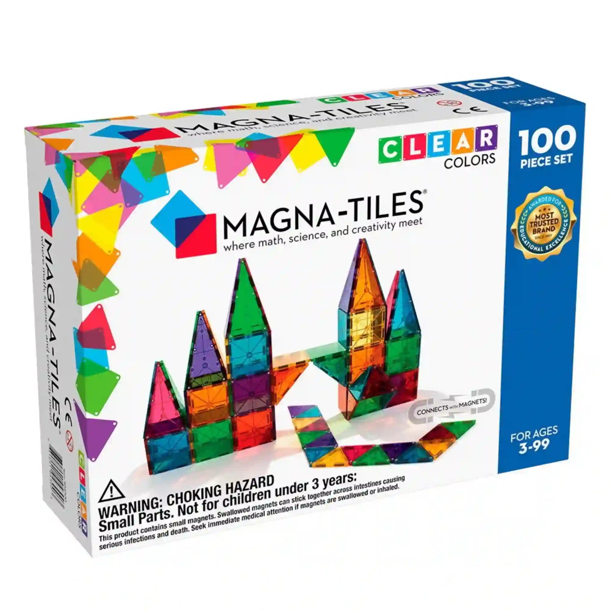 MAGNA-TILES Clear Colors 100 darabos mágneses építőjáték doboza, rajta színes, áttetsző elemekből épített tornyokkal és építményekkel.