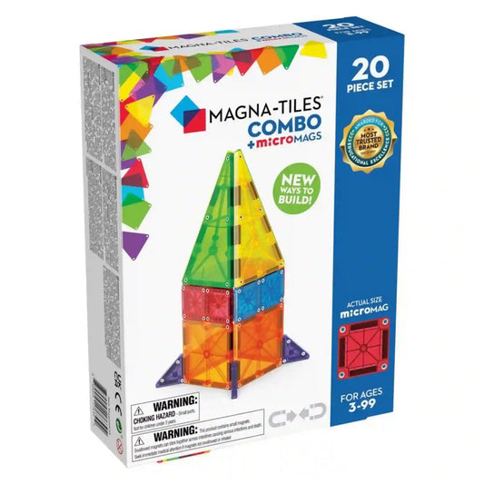 MAGNA-TILES Combo + microMAGS 20 darabos mágneses építőkészlet doboza, rajta a színes mágneses lapokból épített torony képével.