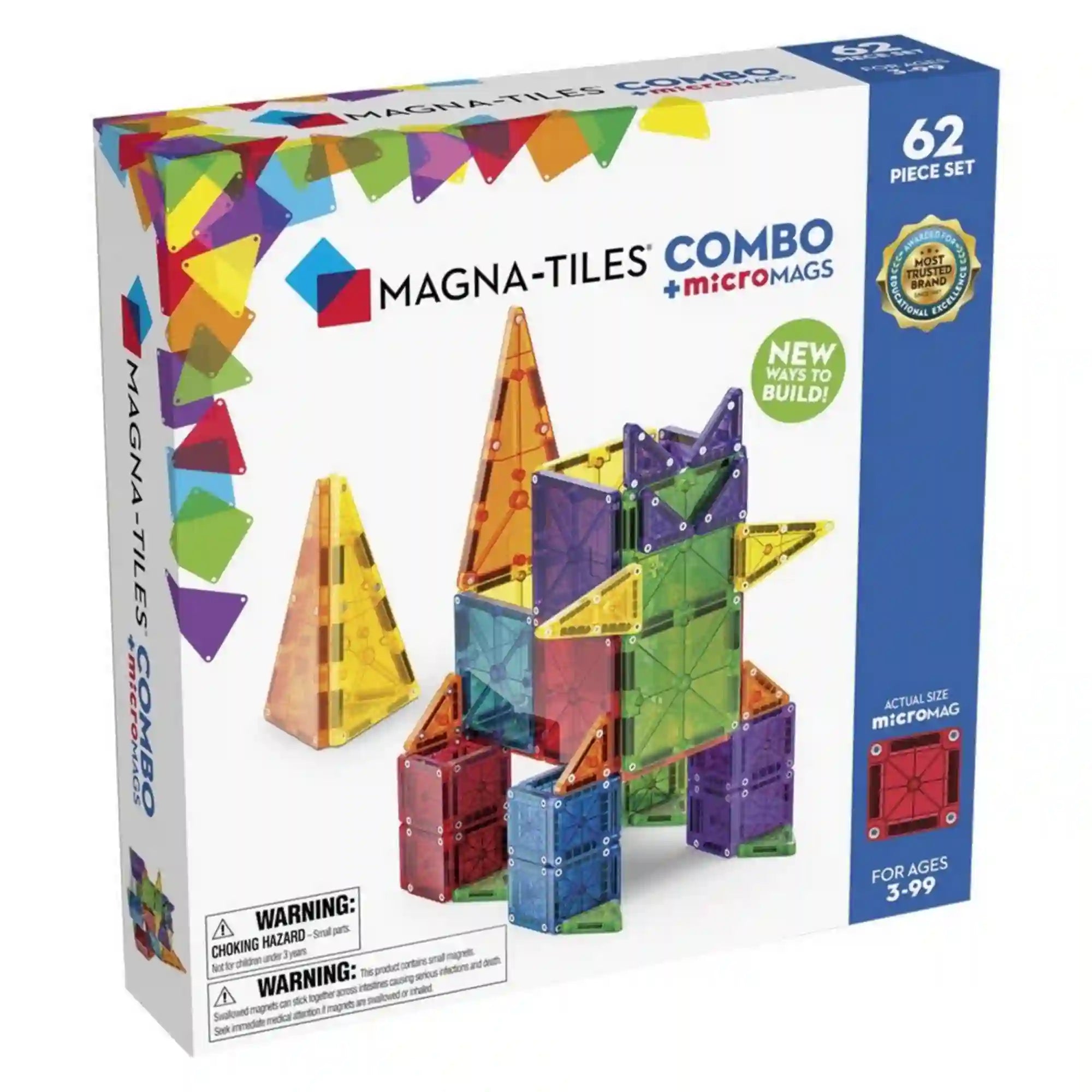 MAGNA-TILES Combo + microMAGS 62 darabos mágneses építőkészlet dobozának eleje, rajta egy színes, dinoszauruszra emlékeztető mágneses építménnyel.