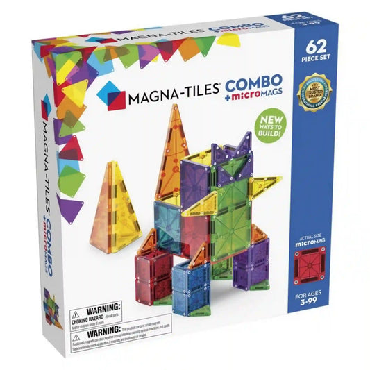 MAGNA-TILES Combo + microMAGS 62 darabos mágneses építőkészlet dobozának eleje, rajta egy színes, dinoszauruszra emlékeztető mágneses építménnyel.