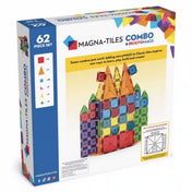 MAGNA-TILES Combo + microMAGS 62 darabos mágneses építőkészlet dobozának hátoldala, rajta egy többszintes kastély képével és a készlet elemeinek felsorolásával.