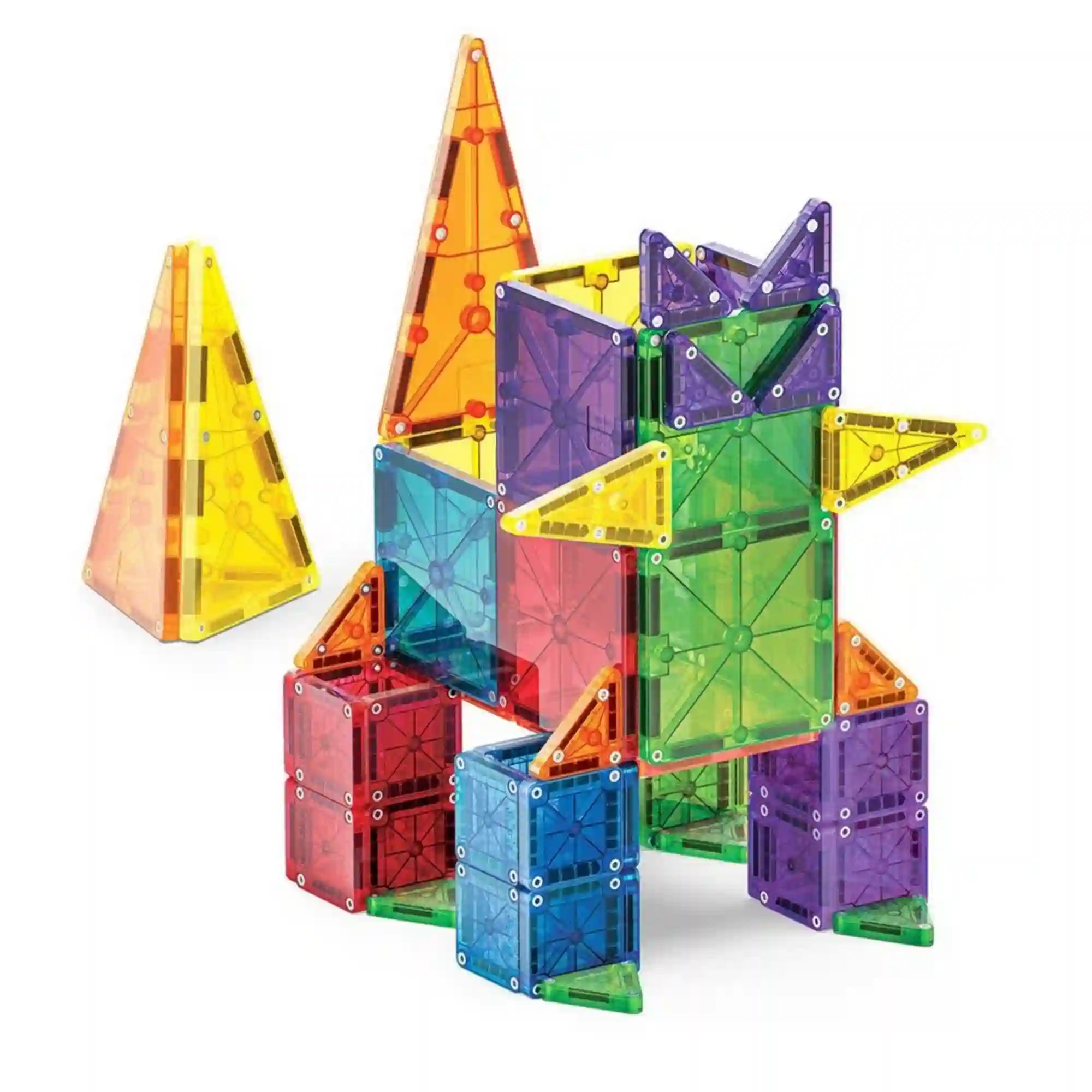 MAGNA-TILES Combo + microMAGS 62 darabos mágneses építőkészletből készült színes, dinoszauruszra emlékeztető építmény, áttetsző négyzetes és háromszög alakú lapokból.