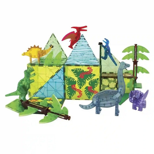 MAGNA-TILES Dino World XL 50 darabos mágneses építőkészlet színes dinoszauruszfigurákkal, pálmafákkal és dzsungelmintás építményekkel.