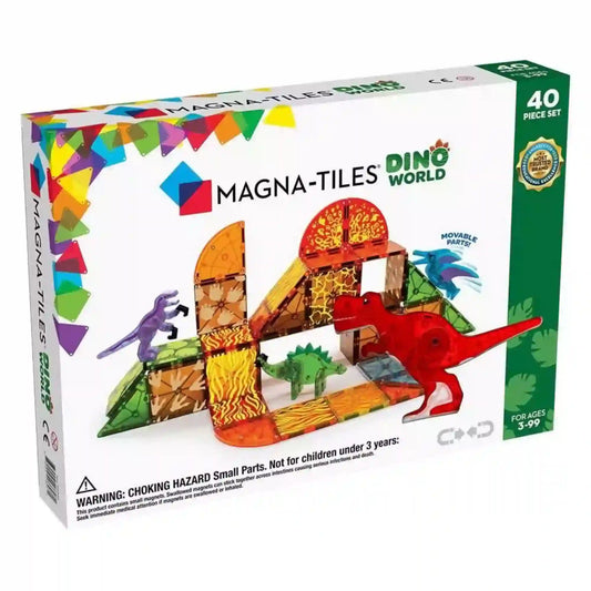 MAGNA-TILES Dino World 40 darabos mágneses építőkészlet dobozának eleje, dinoszauruszfigurákkal és színes építőelemekkel.