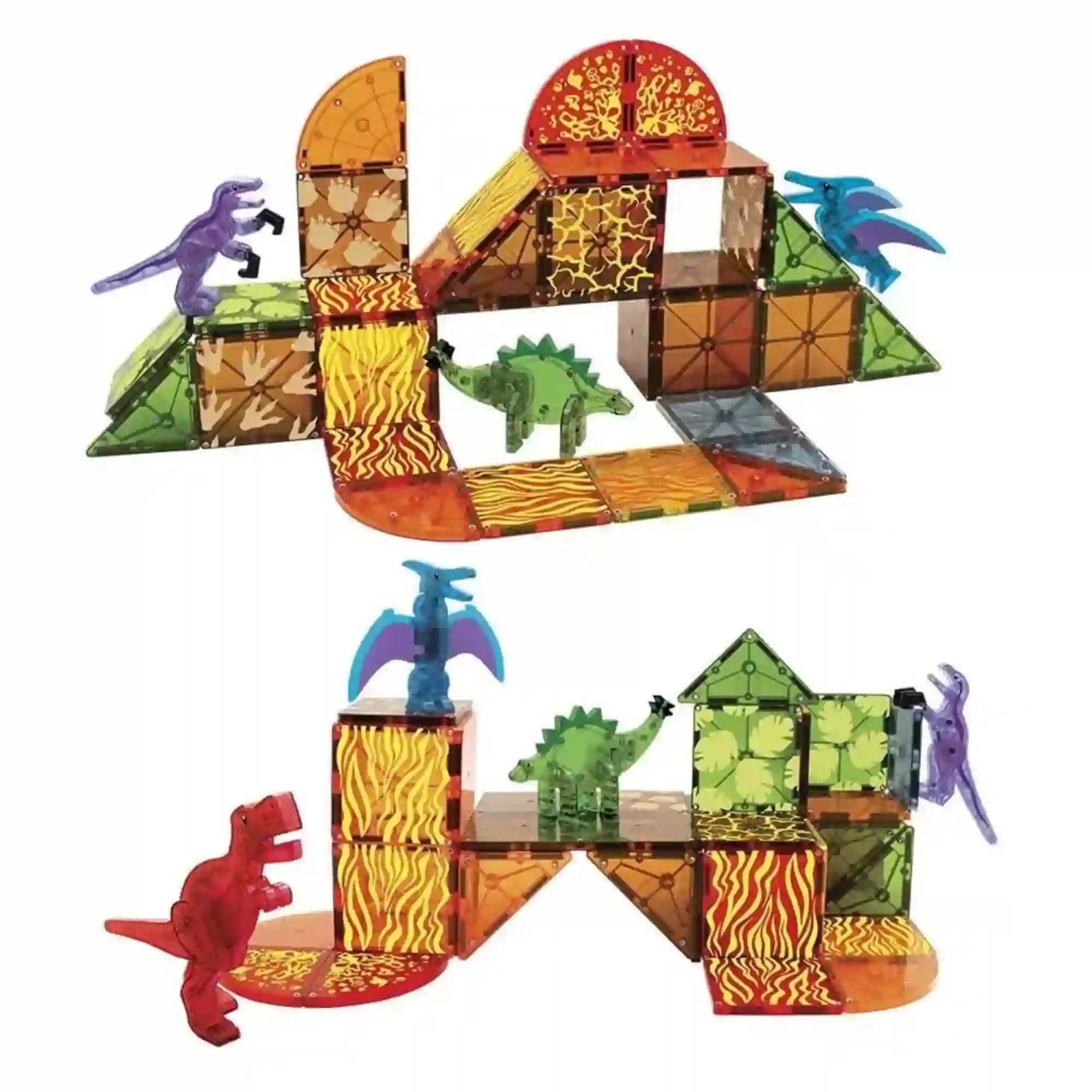 MAGNA-TILES Dino World 40 darabos mágneses építőkészletből készült két színes dinoszauruszos építmény, mintás lapokkal és dinoszauruszfigurákkal.