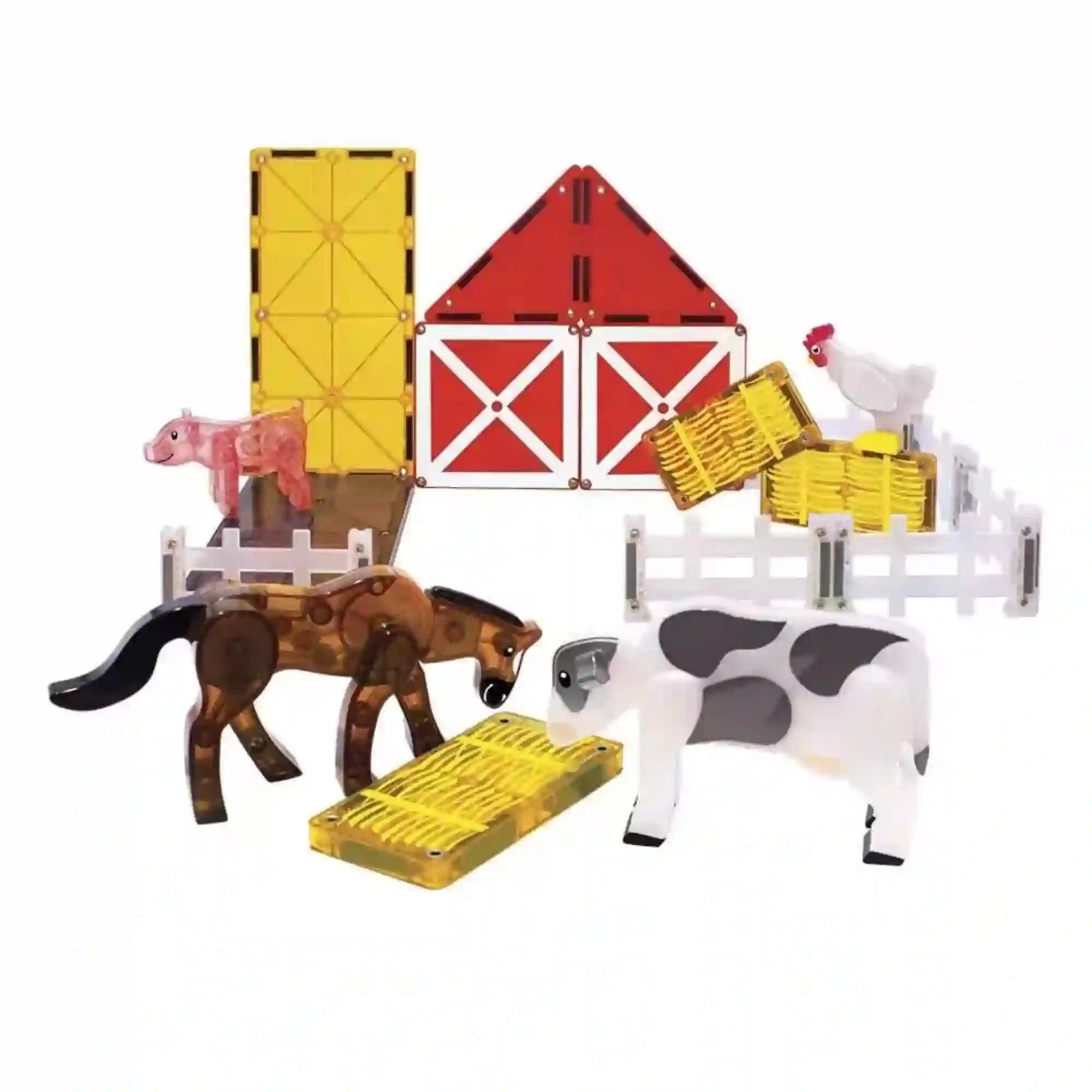 MAGNA-TILES Farm Animals 25 darabos mágneses építőkészletből készült farm, piros istállóval, fehér kerítéssel, szénabálákkal és négy háziállatfigurával.