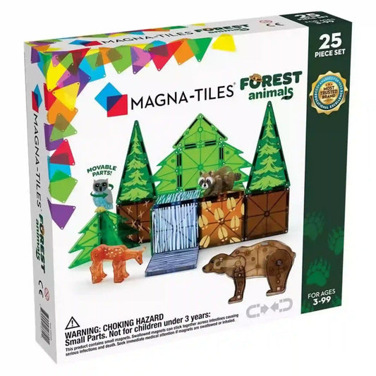 MAGNA-TILES Forest Animals 25 darabos mágneses építőkészlet doboza, erdei építménnyel, medvével, bagollyal, őzzel és mosómedvével.