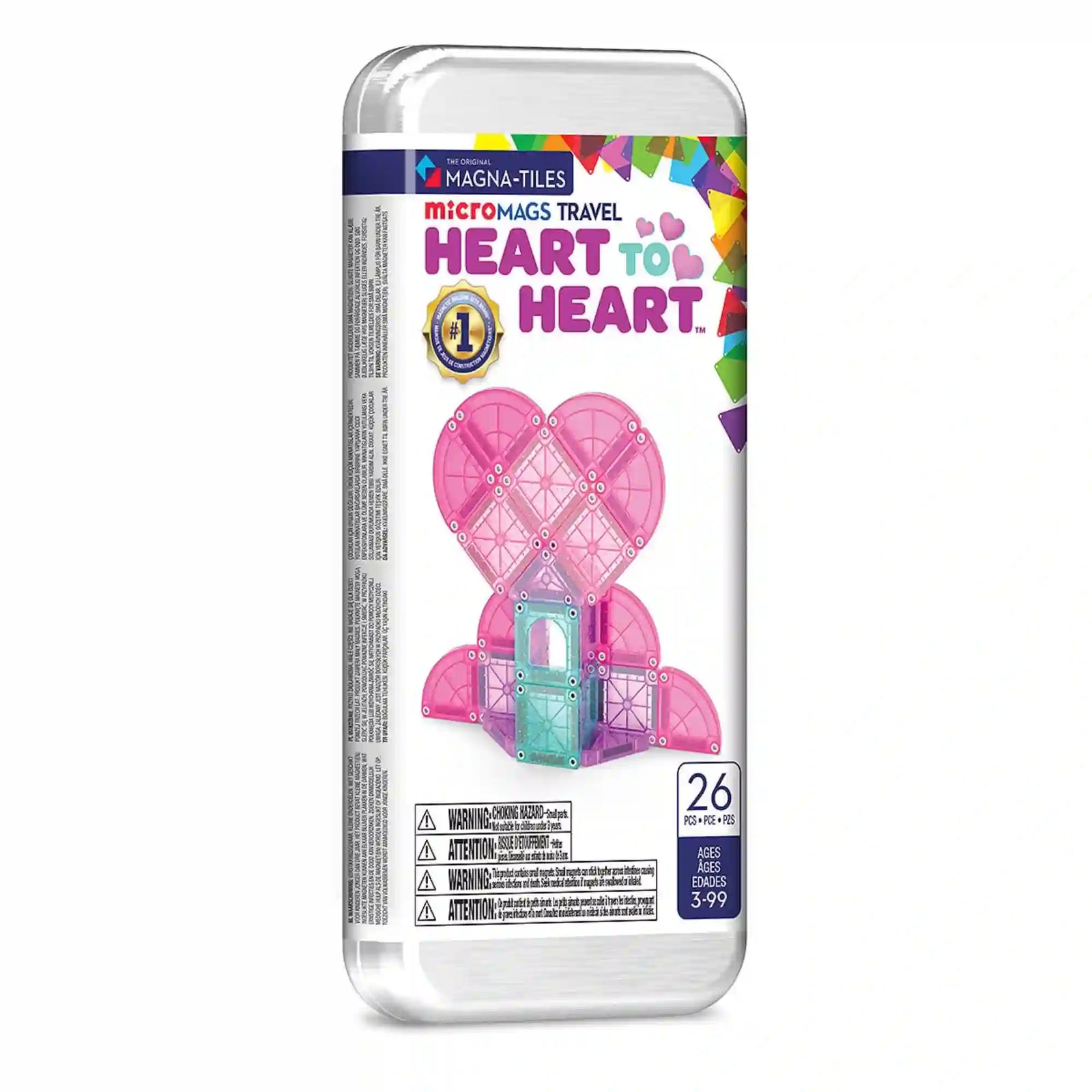 Magna-Tiles microMAGS Travel Heart to Heart mágneses építőjáték fémdobozos csomagolásban, rózsaszín szív alakú építménnyel a borítón.