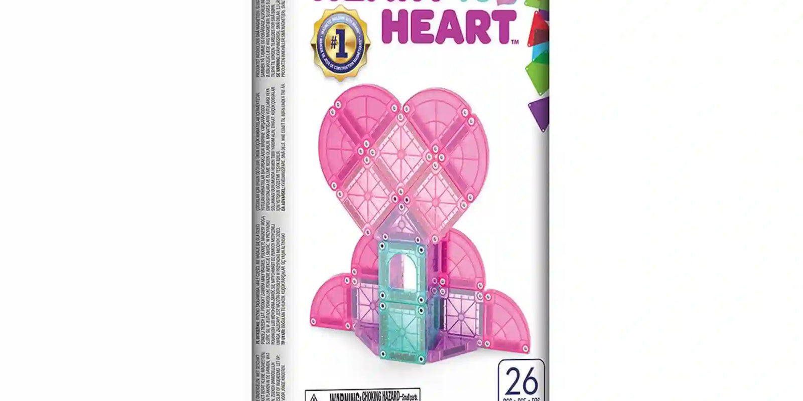 Magna-Tiles microMAGS Travel Heart to Heart mágneses építőjáték fémdobozos csomagolásban, rózsaszín szív alakú építménnyel a borítón.