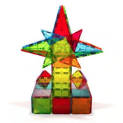 MAGNA-TILES Metropolis 110 darabos készlet színes, áttetsző háromszögekből és négyzetekből épített, csillag alakú forgó szerkezete.