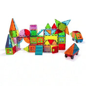 MAGNA-TILES Metropolis 110 darabos mágneses építőjáték színes épületekből, tornyokból, forgó elemből és két kerekes járműből álló összeállítása.