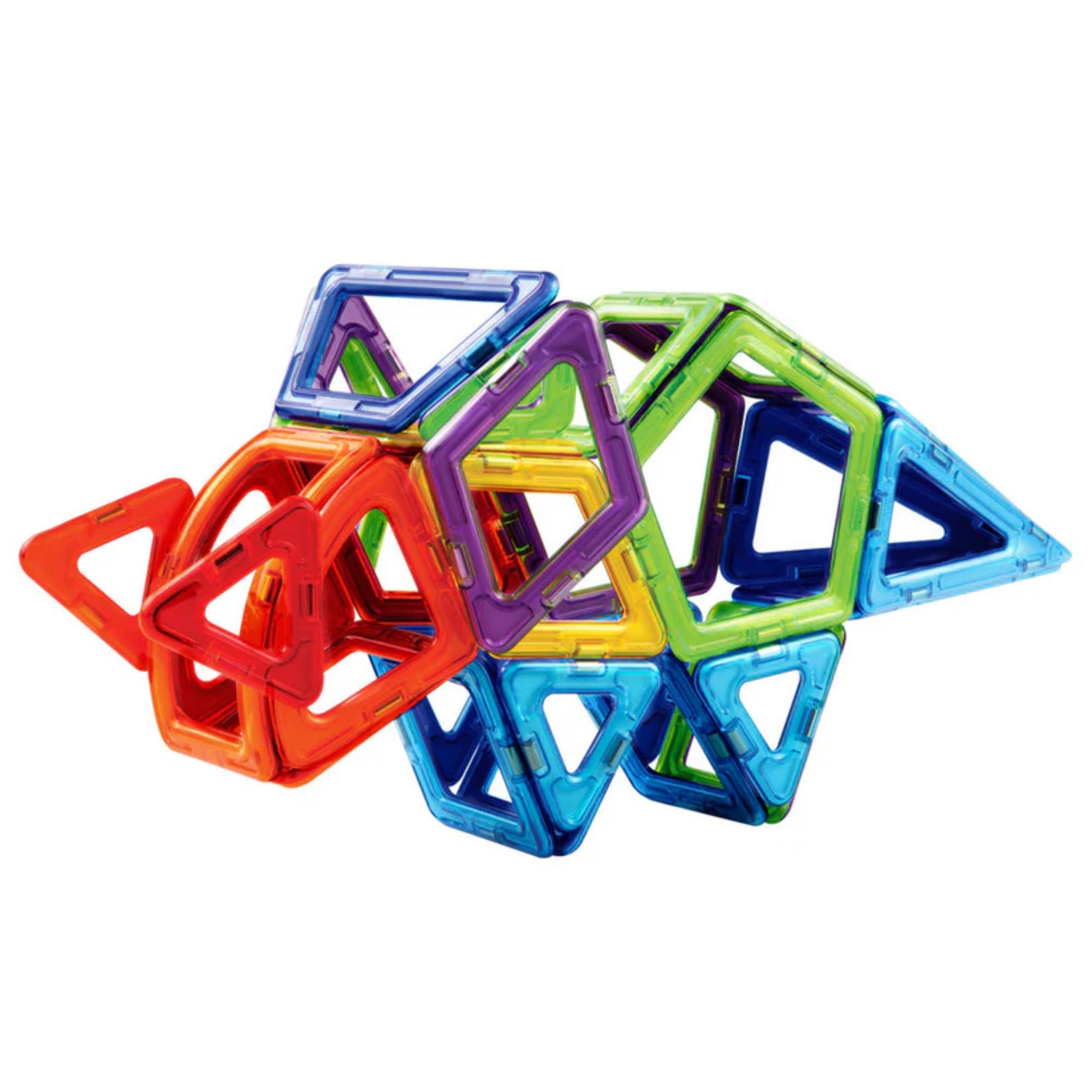 Mágneses építőelemekből készült, részletgazdag dínófigura, háromszög és négyzet formákkal.