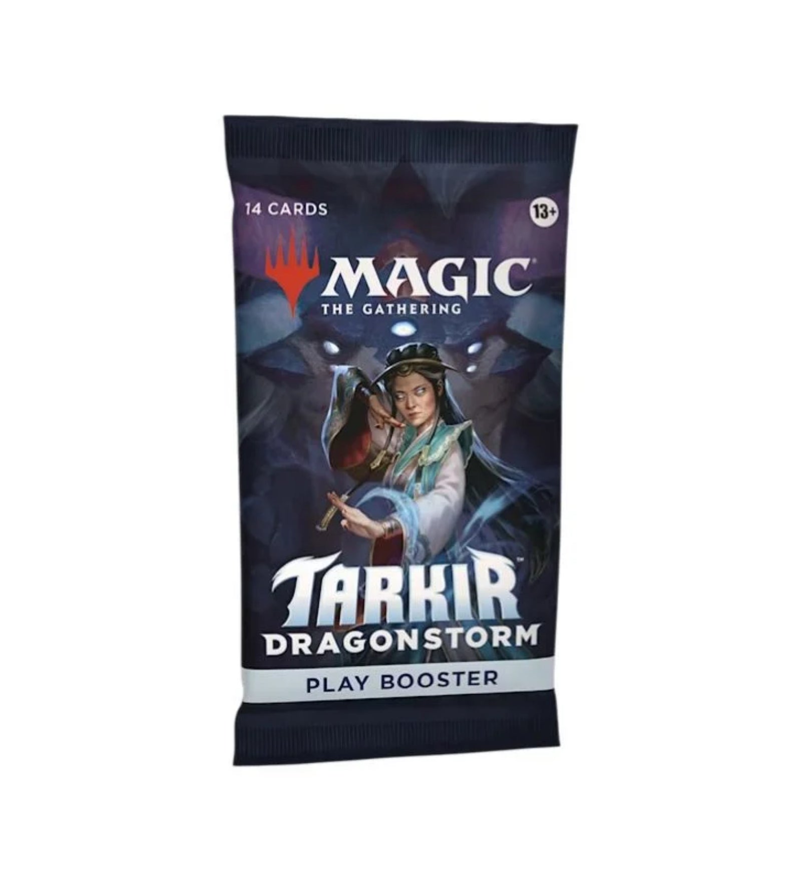 Magic: The Gathering Tarkir Dragonstorm játékkártya play booster csomagok és display doboz látványa kék-sárkányos háttérrel.