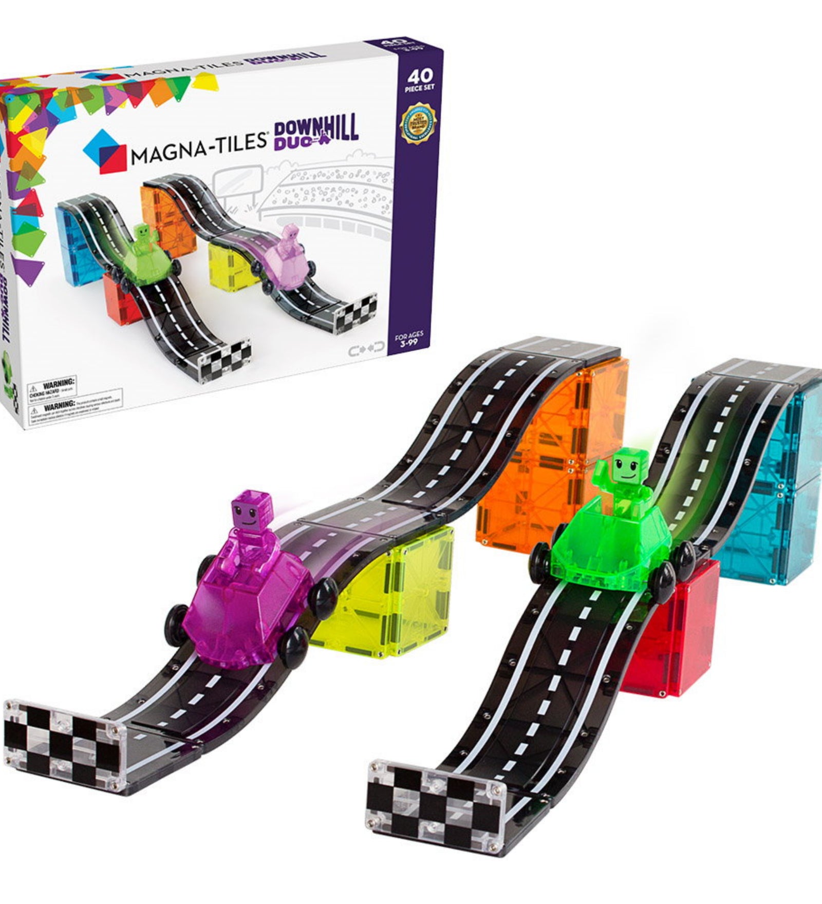 A Magna-Tiles® Downhill Duo készlet, benne két versenypályával, mágneses rámpákkal és két versenyautóval (zöld és lila).