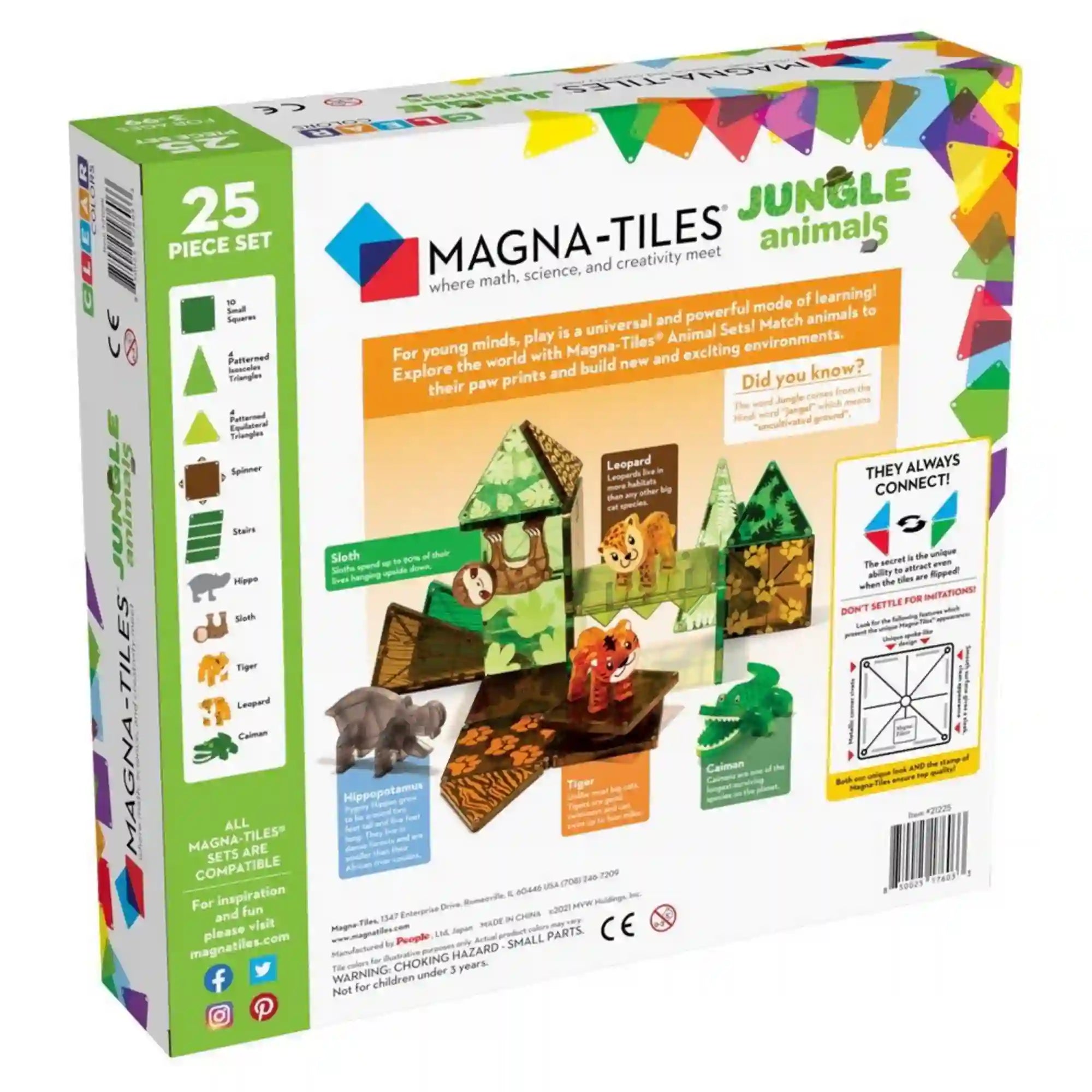MAGNA-TILES Jungle Animals mágneses építőkészlet dobozának hátoldala, az építőelemek felsorolásával és a dzsungelállatok bemutatásával.