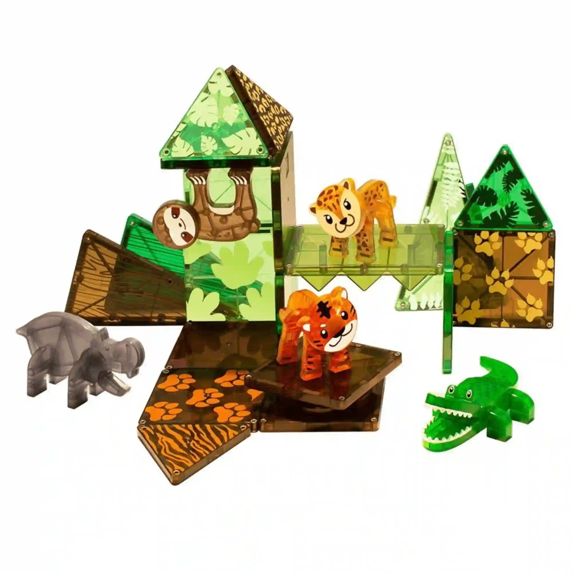 MAGNA-TILES Jungle Animals 25 darabos mágneses építőkészletből készült dzsungelépítmény, lajhár-, leopárd-, tigris-, víziló- és kajmánfigurával.