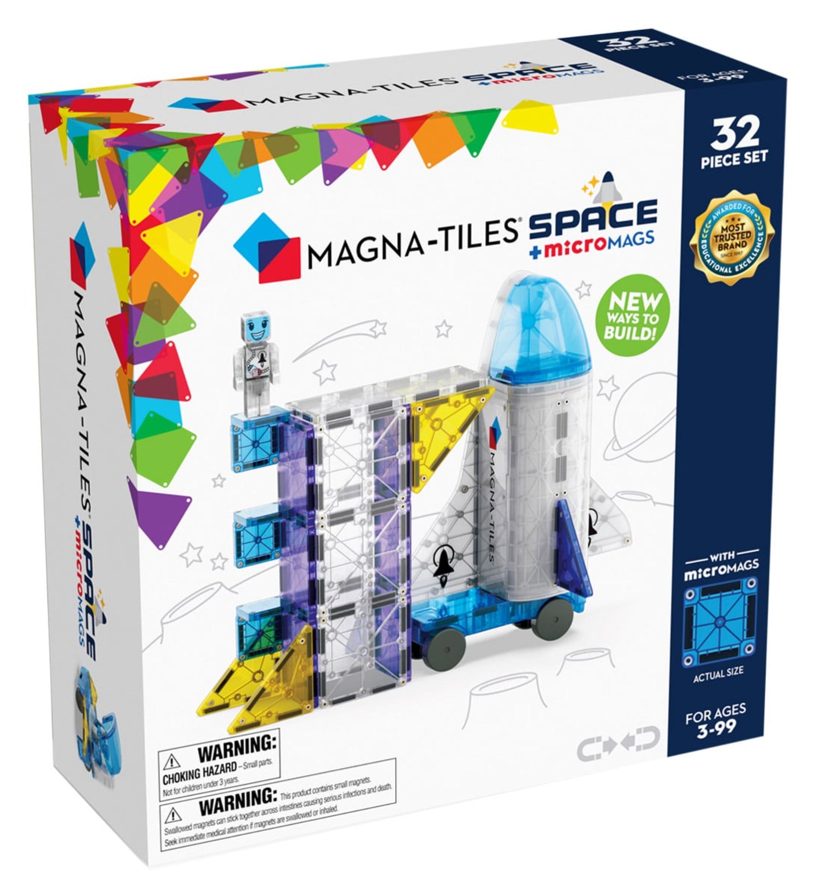 MAGNA-TILES Space mágneses építőjáték 32 darab elemmel, köztük űrhajóval, űrkapszulával és űrhajós figurával a kreatív űrbéli kalandokhoz.