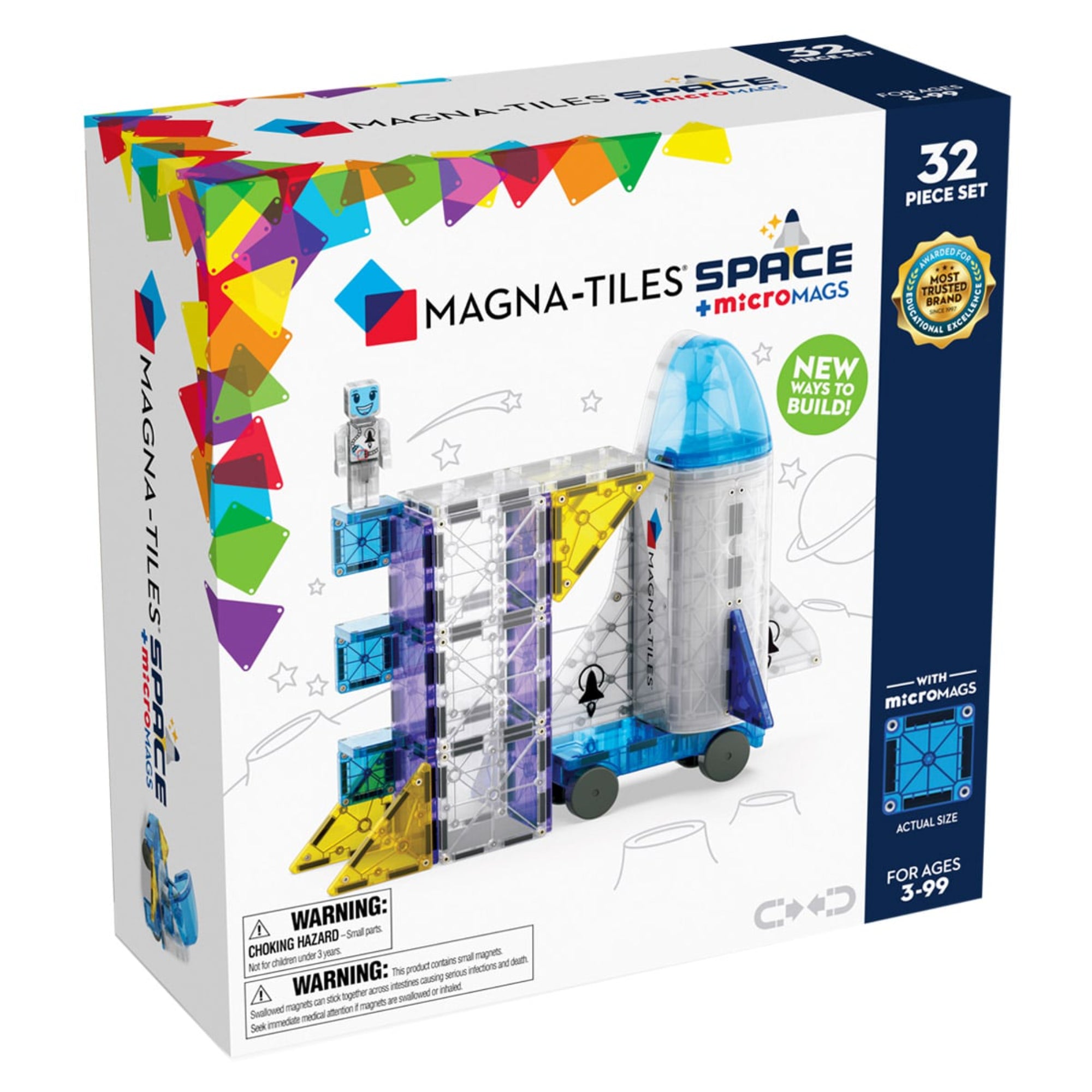 MAGNA-TILES Space mágneses építőjáték 32 darab elemmel, köztük űrhajóval, űrkapszulával és űrhajós figurával a kreatív űrbéli kalandokhoz.
