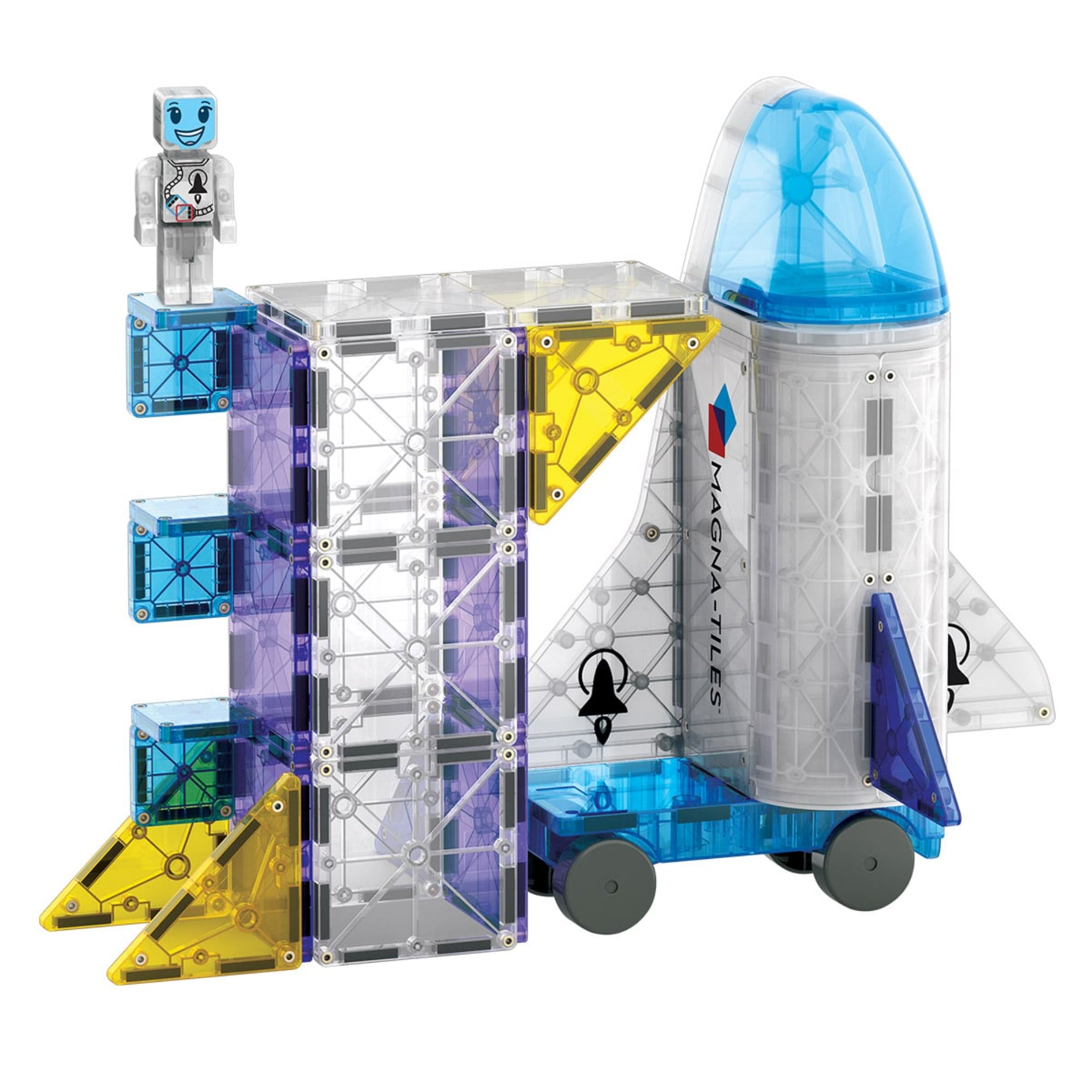 Űrhajó a MAGNA-TILES Space mágneses építőjátékból, űrkapszulával, sárga és kék elemekkel, valamint egy mosolygós űrhajós figurával.