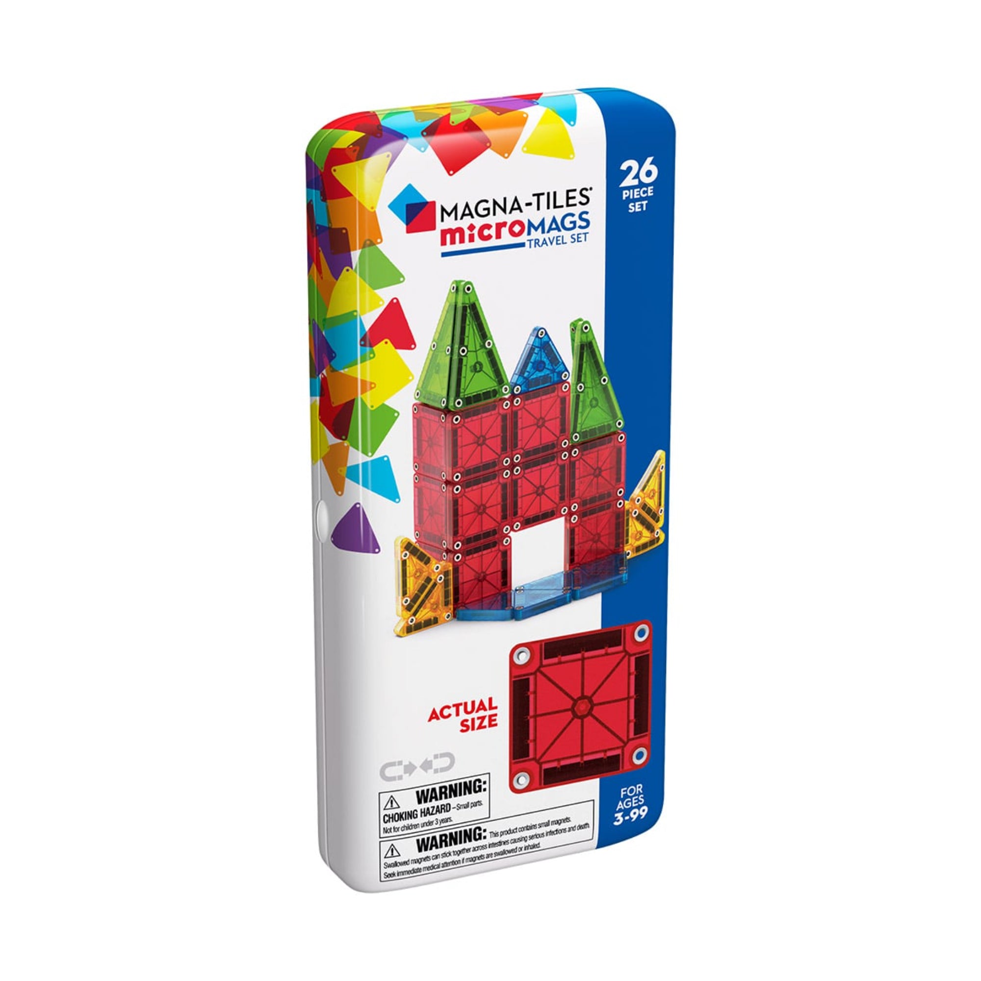 MAGNA-TILES microMAGS Travel szett (26 darabos) – kompakt mágneses építőjáték színes elemekkel és fémdobozos tárolóval, ideális utazáshoz.