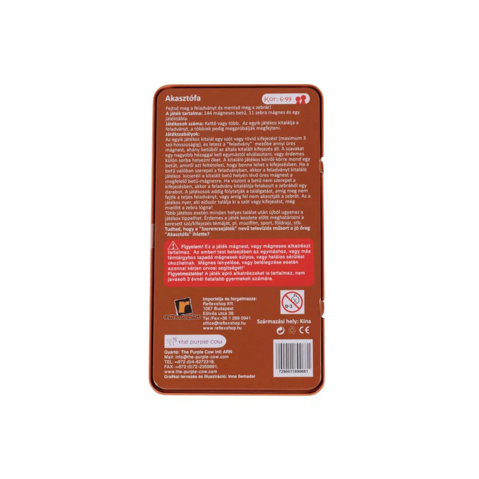 Mágneses Akasztófa utazó társasjáték hátoldala részletes játékleírással, 6–99 éves korosztálynak ajánlva.