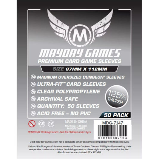 Mayday Games Premium Magnum Oversized Dungeon kártyavédő fólia csomag, 87x112 mm méretben, 50 darabos kiszerelés, savmentes, extra vastag kivitel.