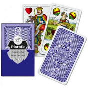 Piatnik magyar kártya kék dobozzal és kártyalapokkal – hagyományos magyar figurák és díszes hátlap.