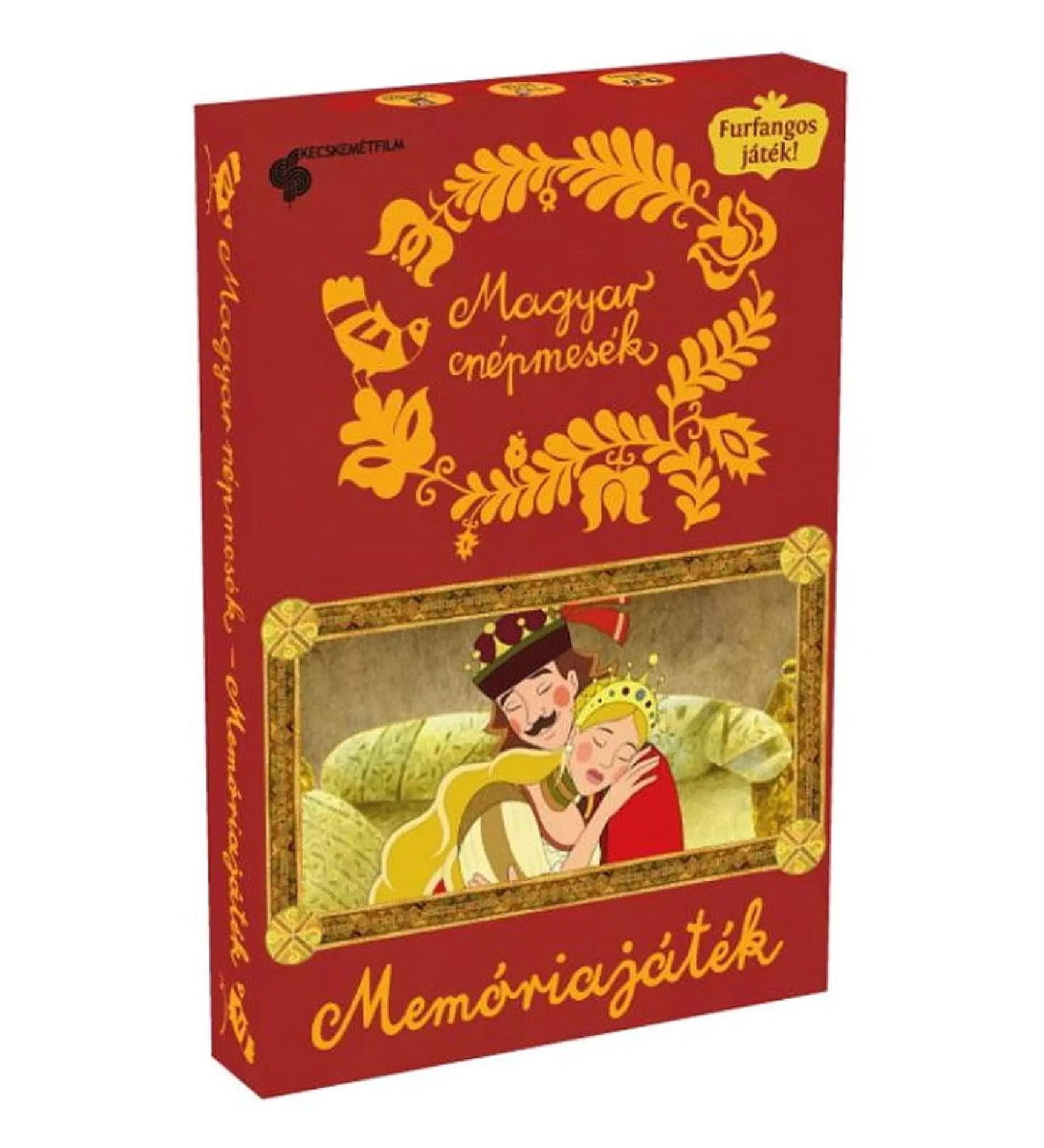 Magyar népmesék – Memóriajáték doboza, piros alapon arany díszítéssel és mesebeli királyi pár ábrázolásával.