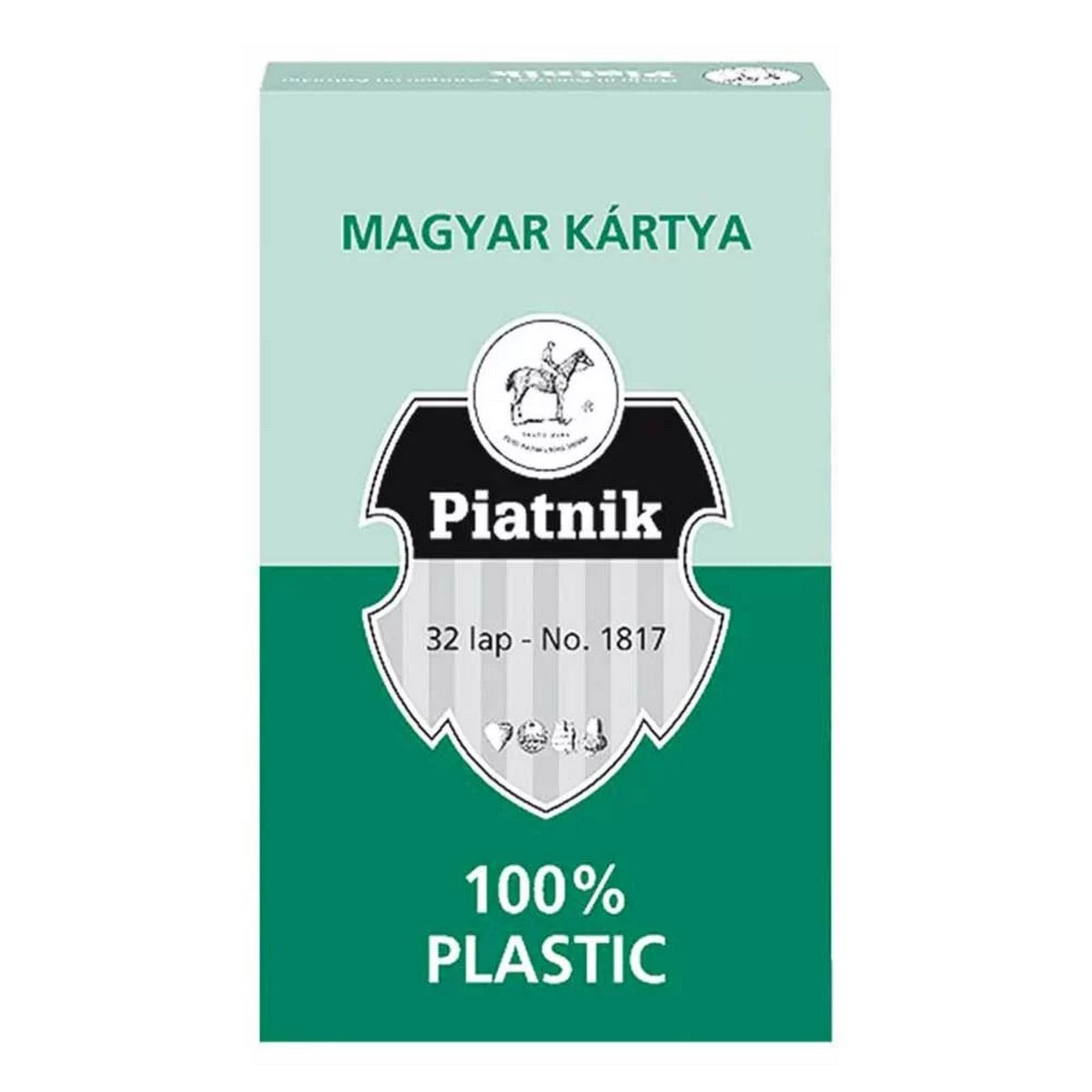 Piatnik magyar kártya zöld doboza 100% plastic felirattal, 32 lapos tartós kártyapakli jelöléssel.