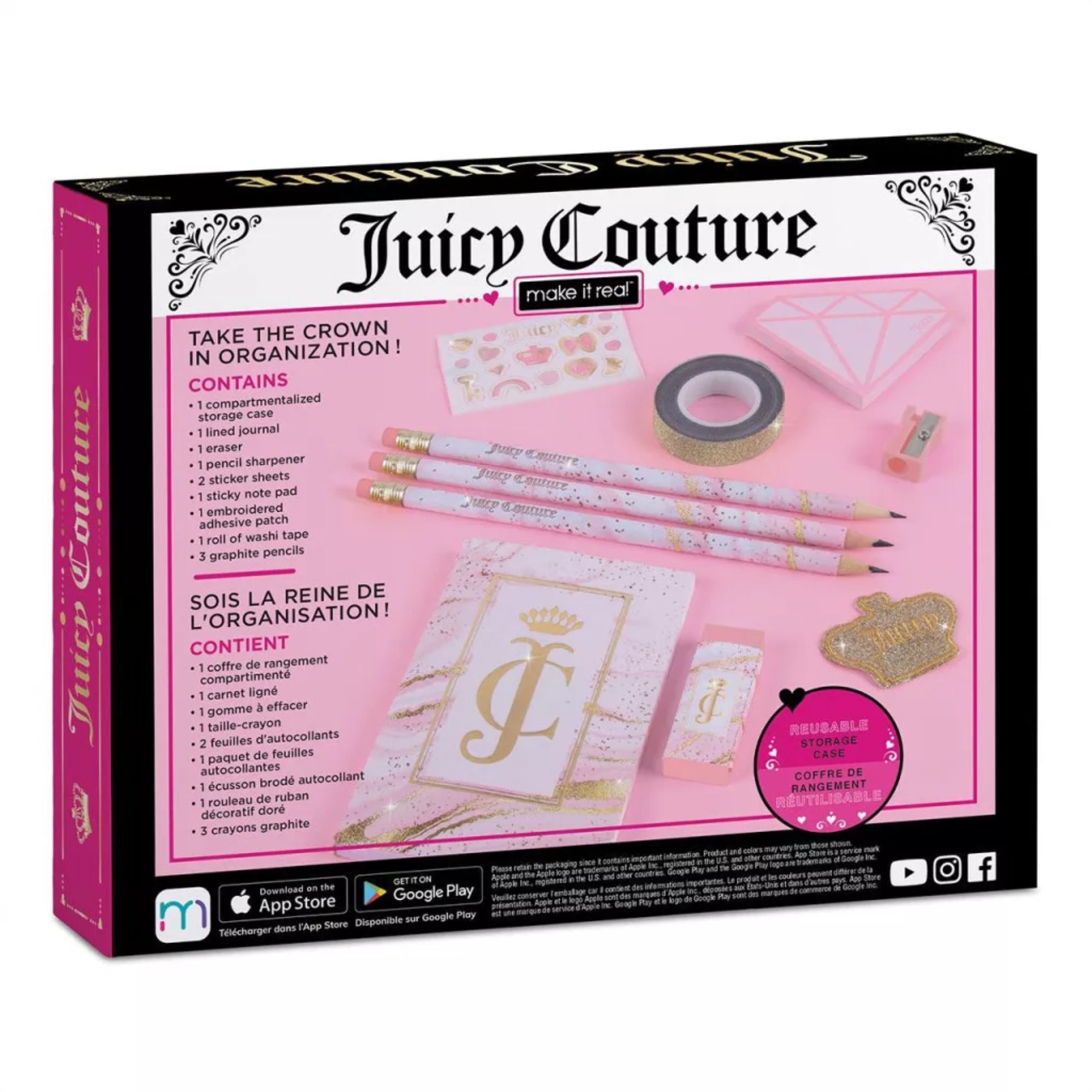 Juicy Couture Deluxe Stationery Set elegáns ajándékdobozban, márkajelzéssel, arany részletekkel és pink kiegészítőkkel, 11 darabos készlet.