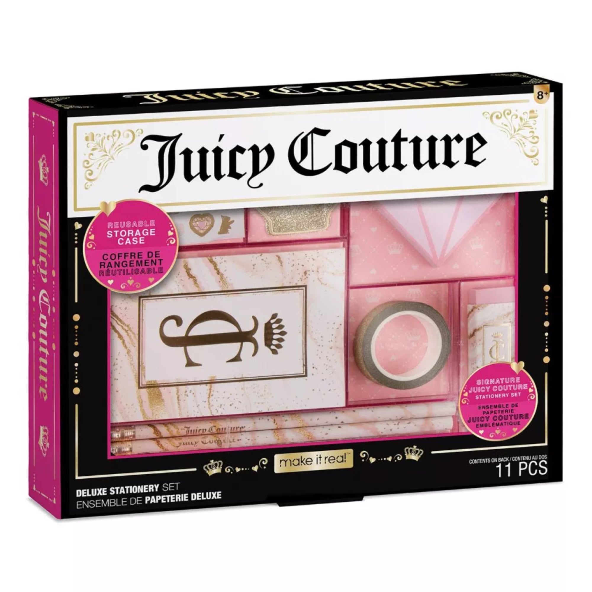 Juicy Couture Deluxe Stationery Set írószerkészlet rózsaszín és arany színekben, ceruzákkal, füzetekkel, radírral és aranyszínű dekortapasszal.