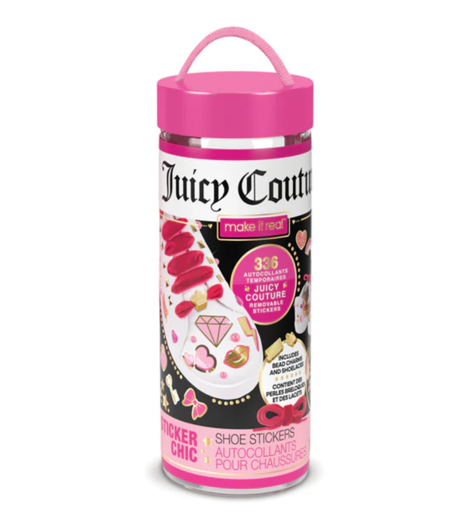 Juicy Couture Sticker Chic cipőmatrica készlet rózsaszín tetővel ellátott hengeres dobozban, 336 darab levehető matricával és kiegészítőkkel.