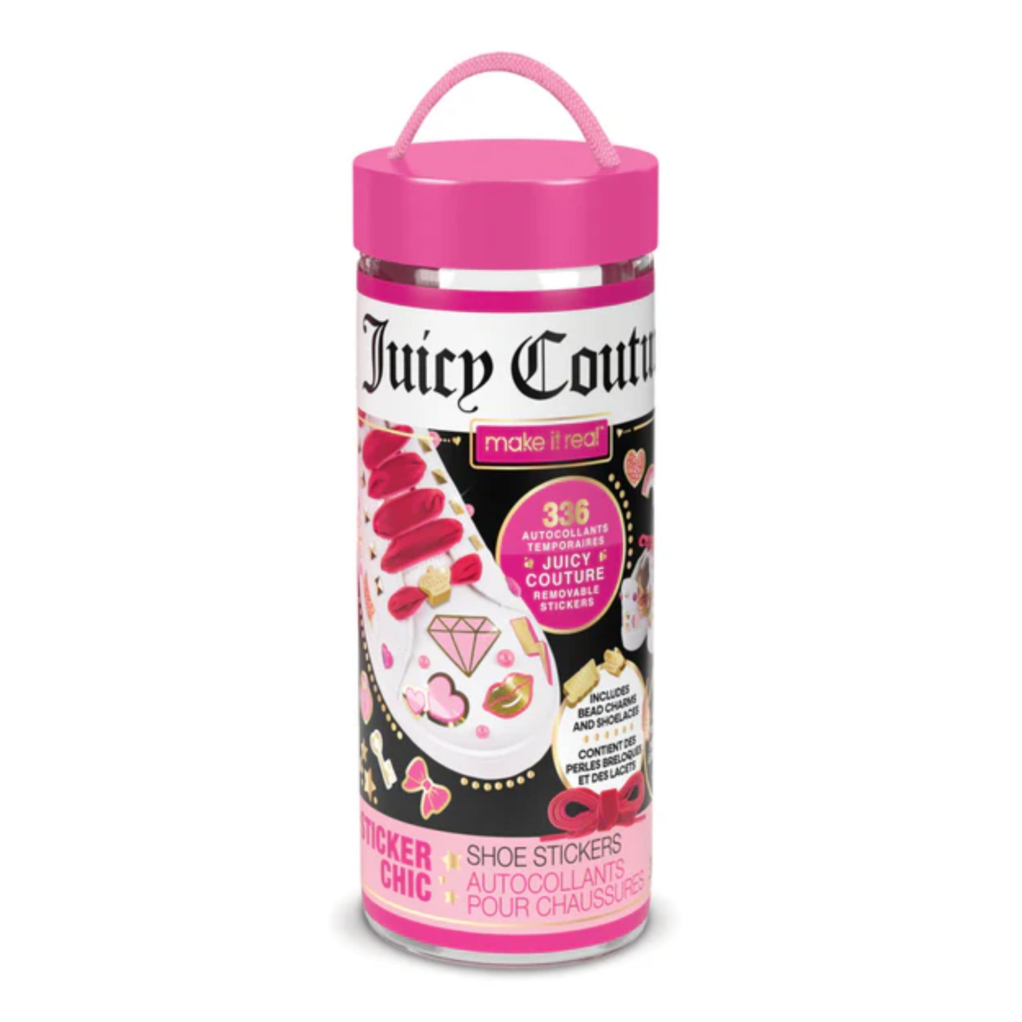Juicy Couture Sticker Chic cipőmatrica készlet rózsaszín tetővel ellátott hengeres dobozban, 336 darab levehető matricával és kiegészítőkkel.