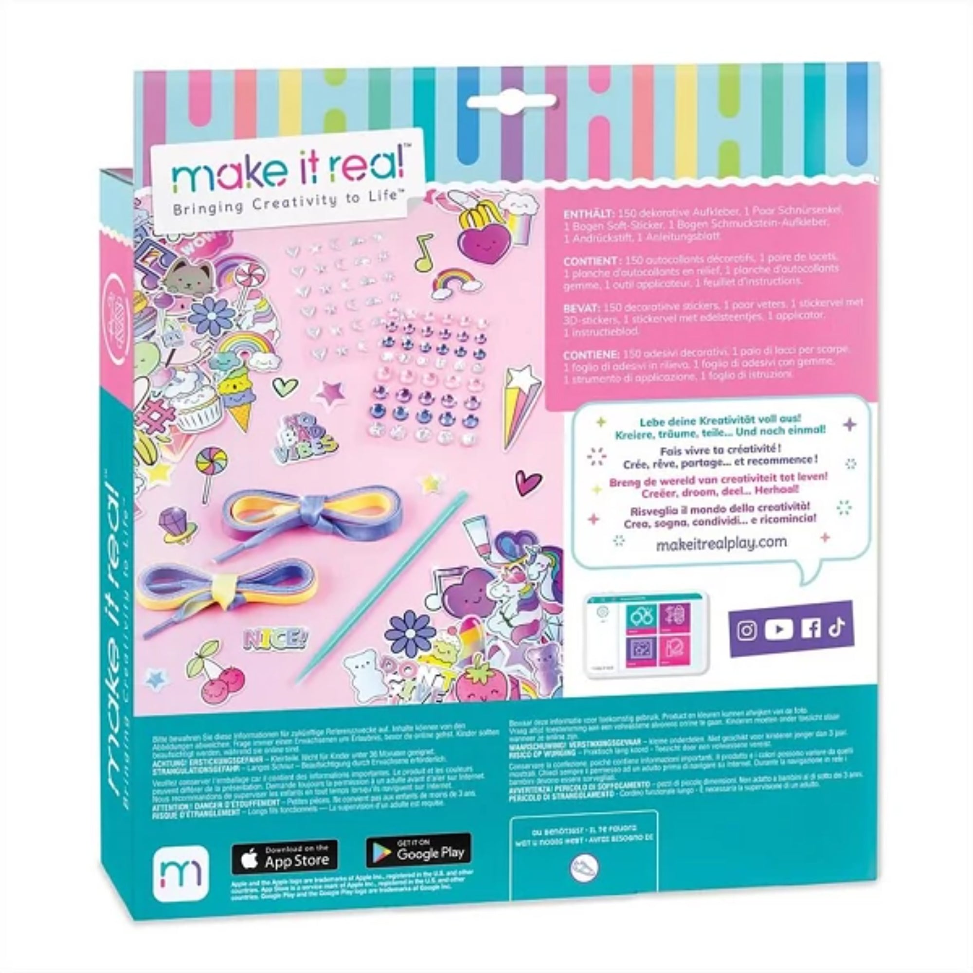 Make It Real Sticker Chic – Rainbow Street Chic készlet hátoldala, a tartalom részletes leírásával és színes dekorációs matricákkal illusztrálva.