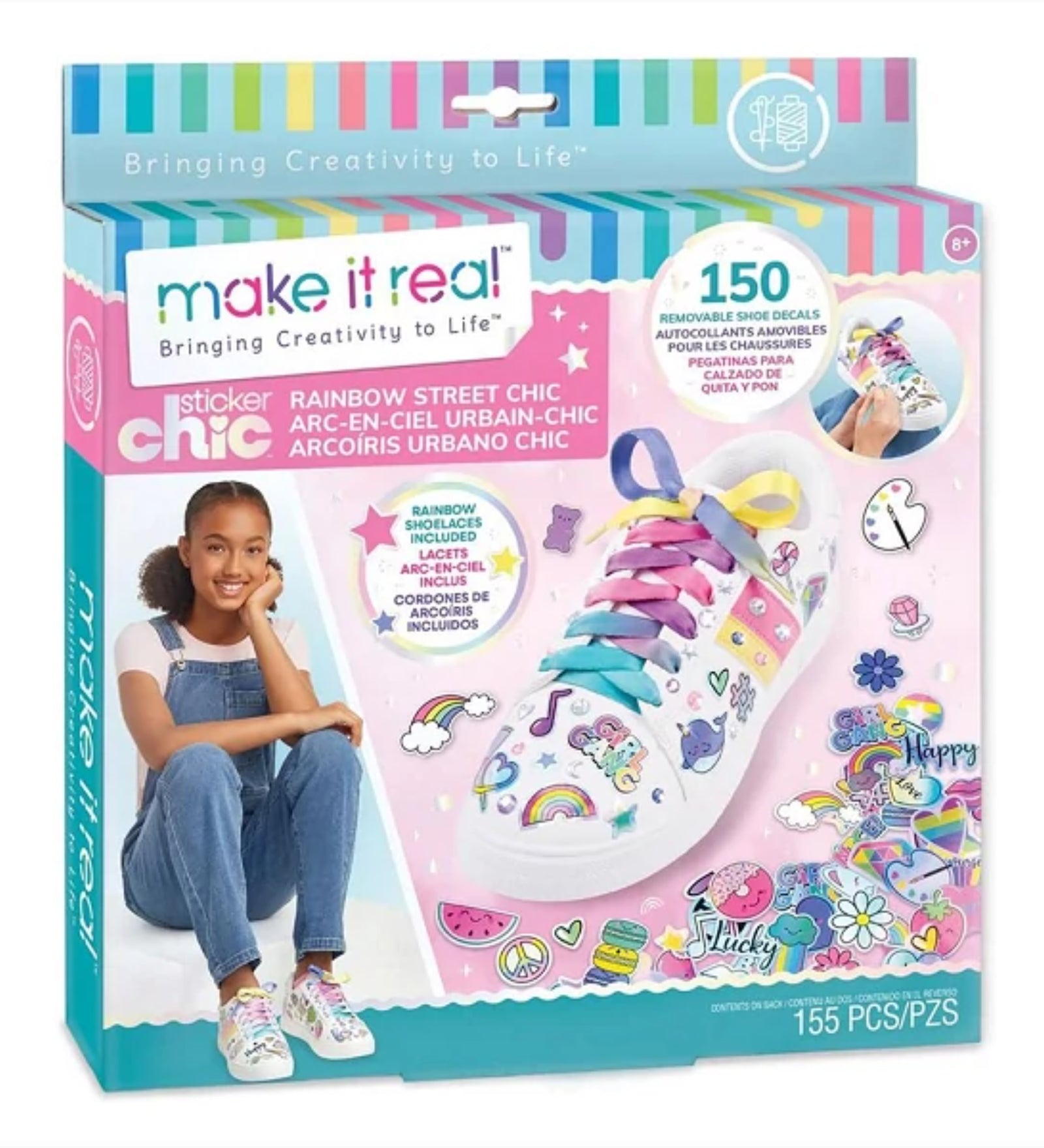 Make It Real Sticker Chic – Rainbow Street Chic cipőmatrica készlet színes dobozban, 150 matrica és szivárványszínű cipőfűzők bemutatásával.